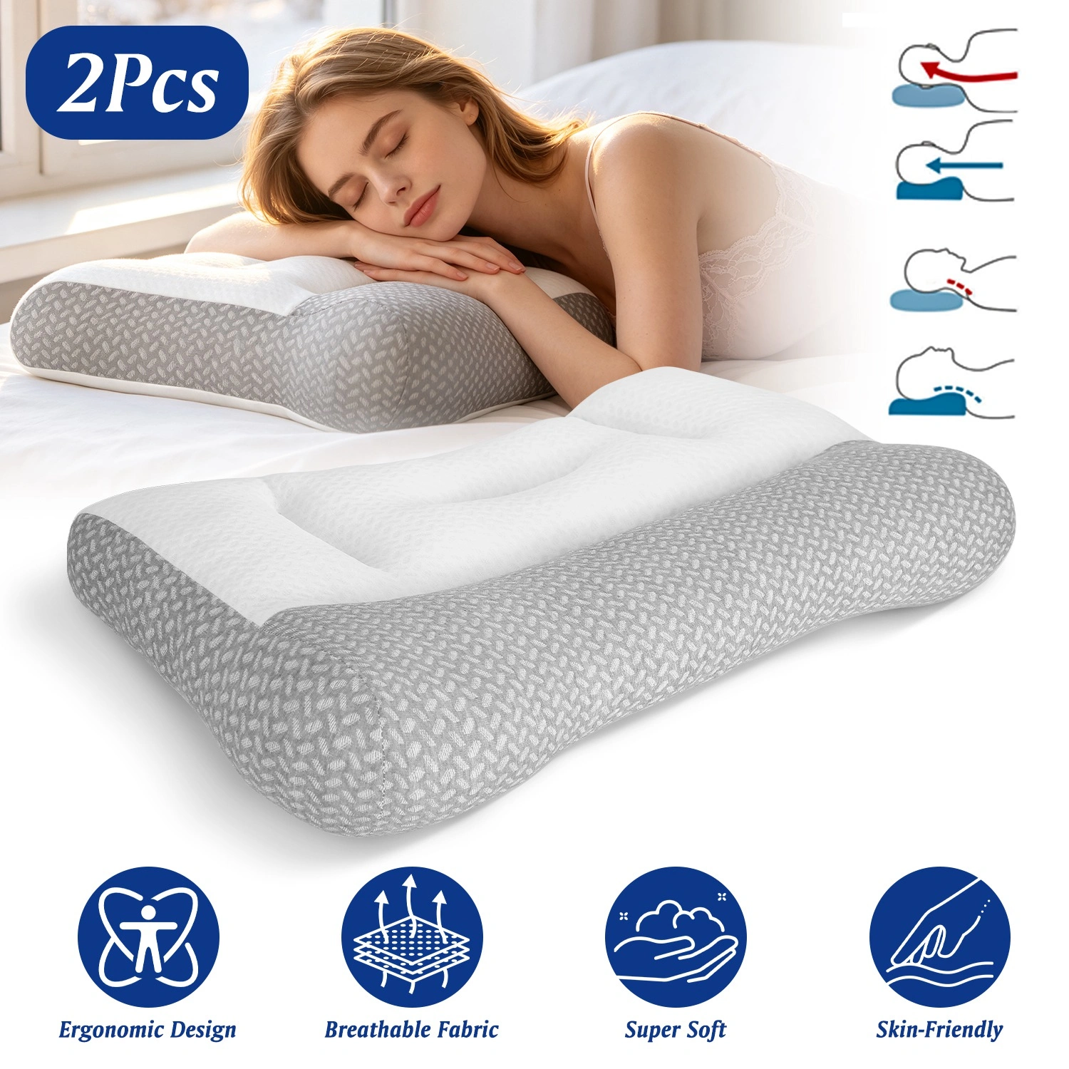 2 Pcs Ergonomic Sleep Pillow with Ear Hole, Breathable Mesh, Dual-Sided High Low Zoned Support, Down Alternative Fiber Fill for Side Back Belly Sleepers