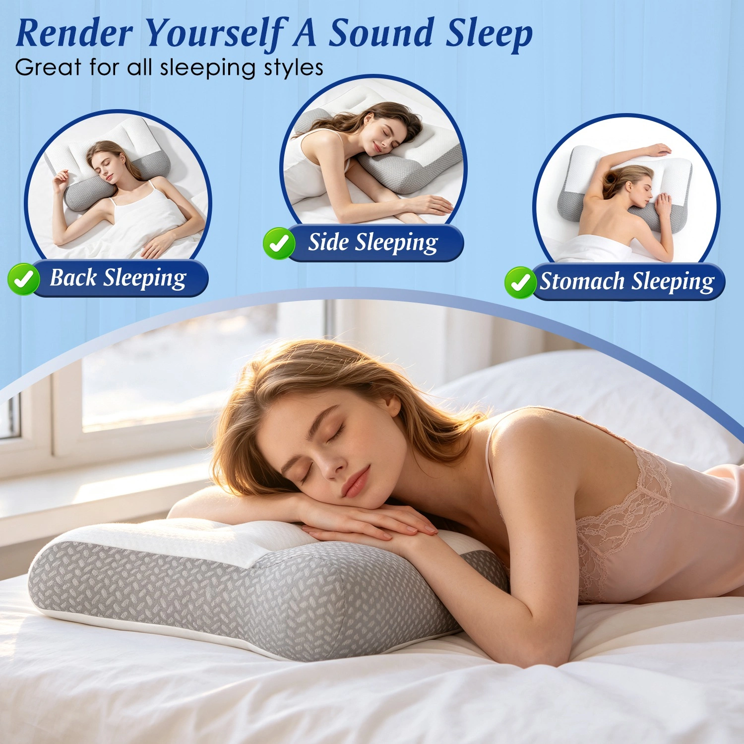 2 Pcs Ergonomic Sleep Pillow with Ear Hole, Breathable Mesh, Dual-Sided High Low Zoned Support, Down Alternative Fiber Fill for Side Back Belly Sleepers view 4