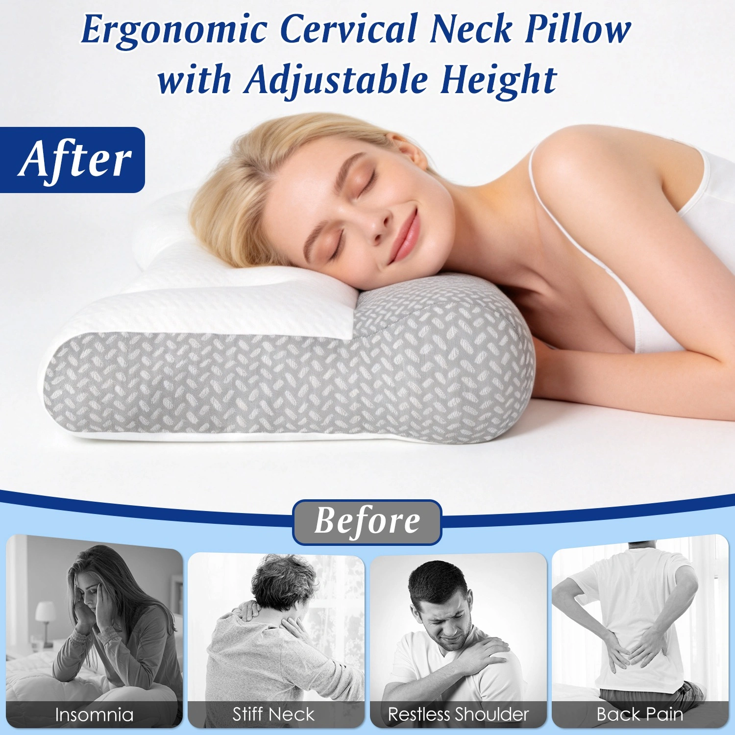 2 Pcs Ergonomic Sleep Pillow with Ear Hole, Breathable Mesh, Dual-Sided High Low Zoned Support, Down Alternative Fiber Fill for Side Back Belly Sleepers view 6