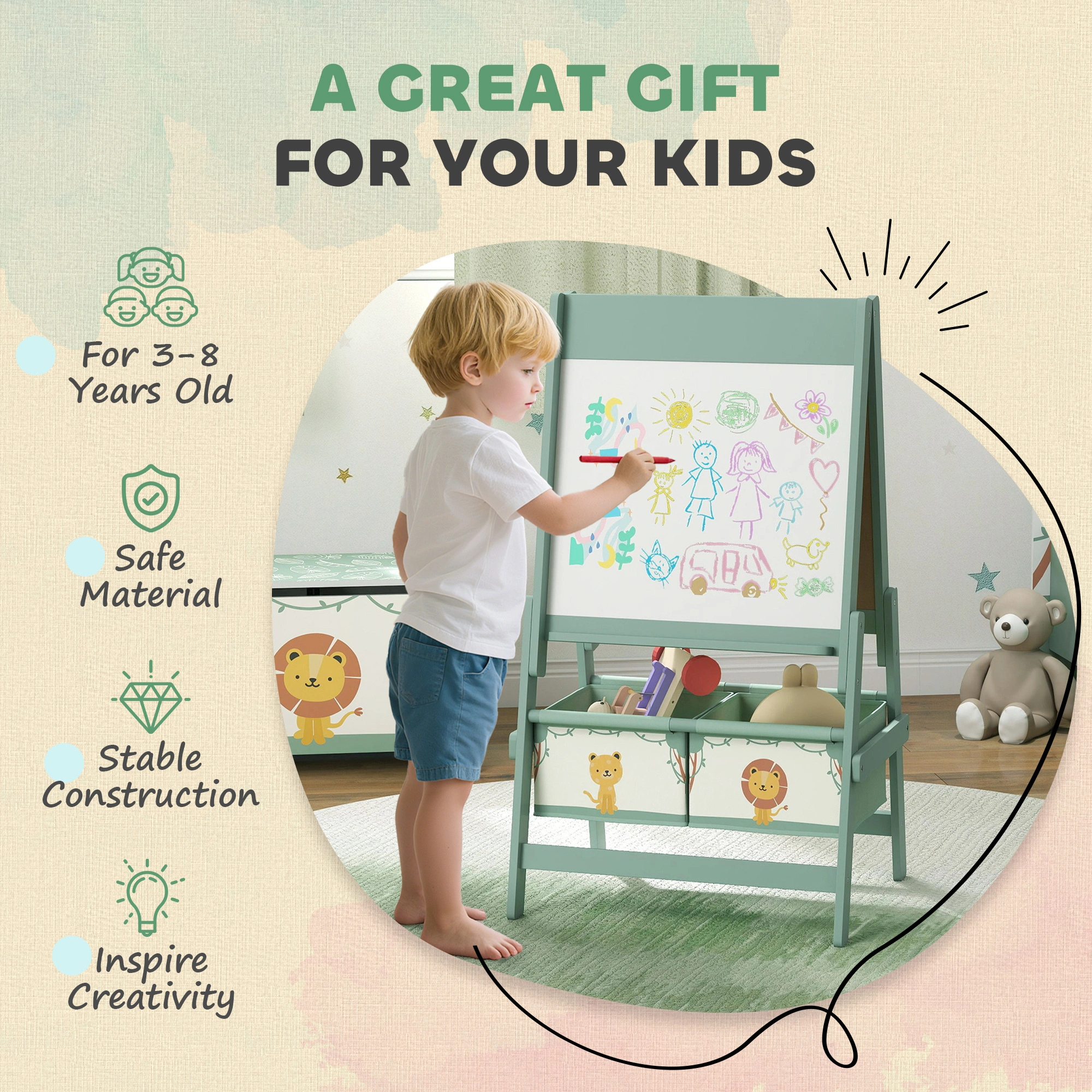 Kids Double Sided Easel - Magnetic Whiteboard & Chalkboard Art Desk for Toddlers & Children, Adjustable Height, Sturdy Wood Frame view 5
