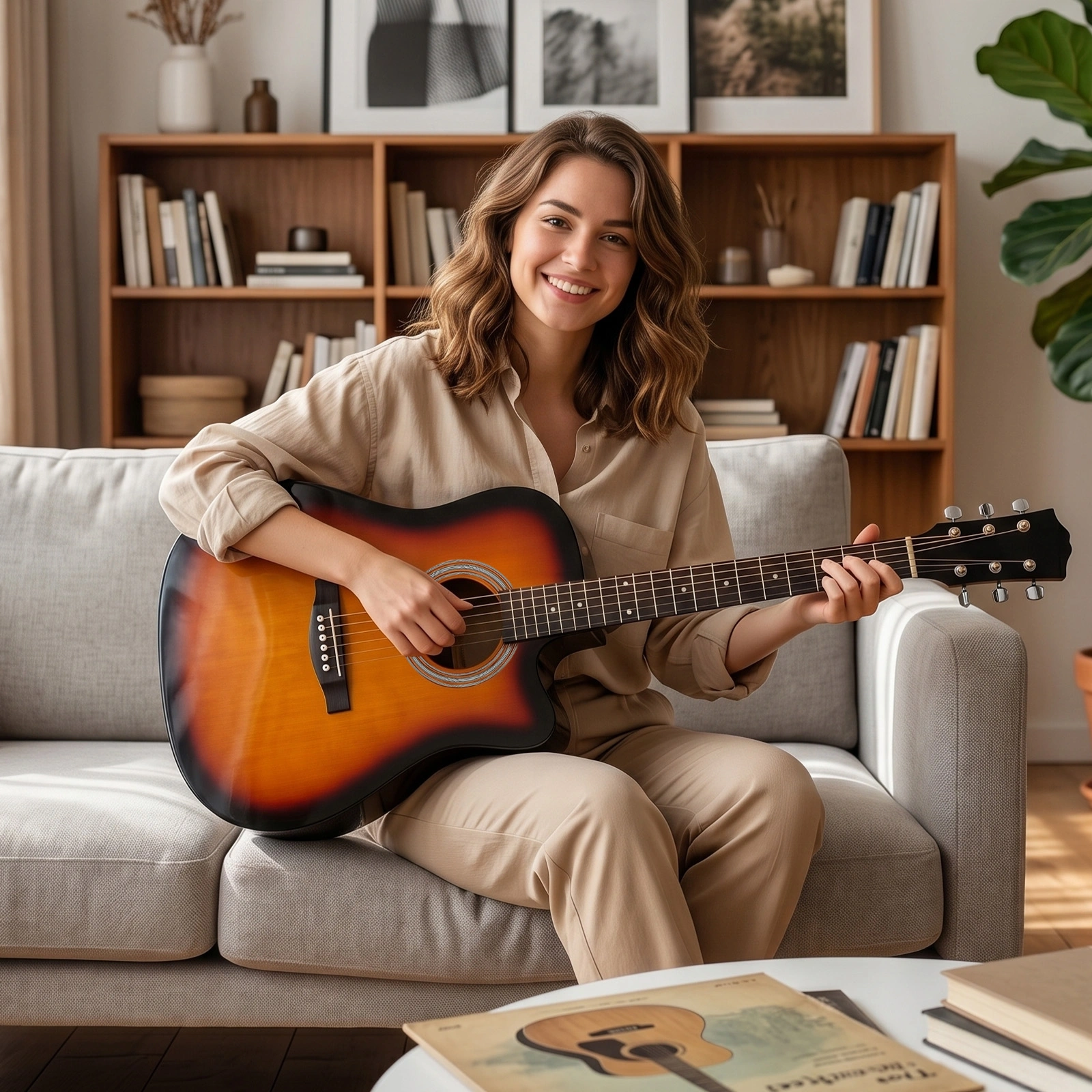 Sunset color 41-inch Dreadnought barrel-shaped cutaway acoustic guitar with pick, strings, capo, gig bag, tuner, wrench tool, and shoulder strap view 11