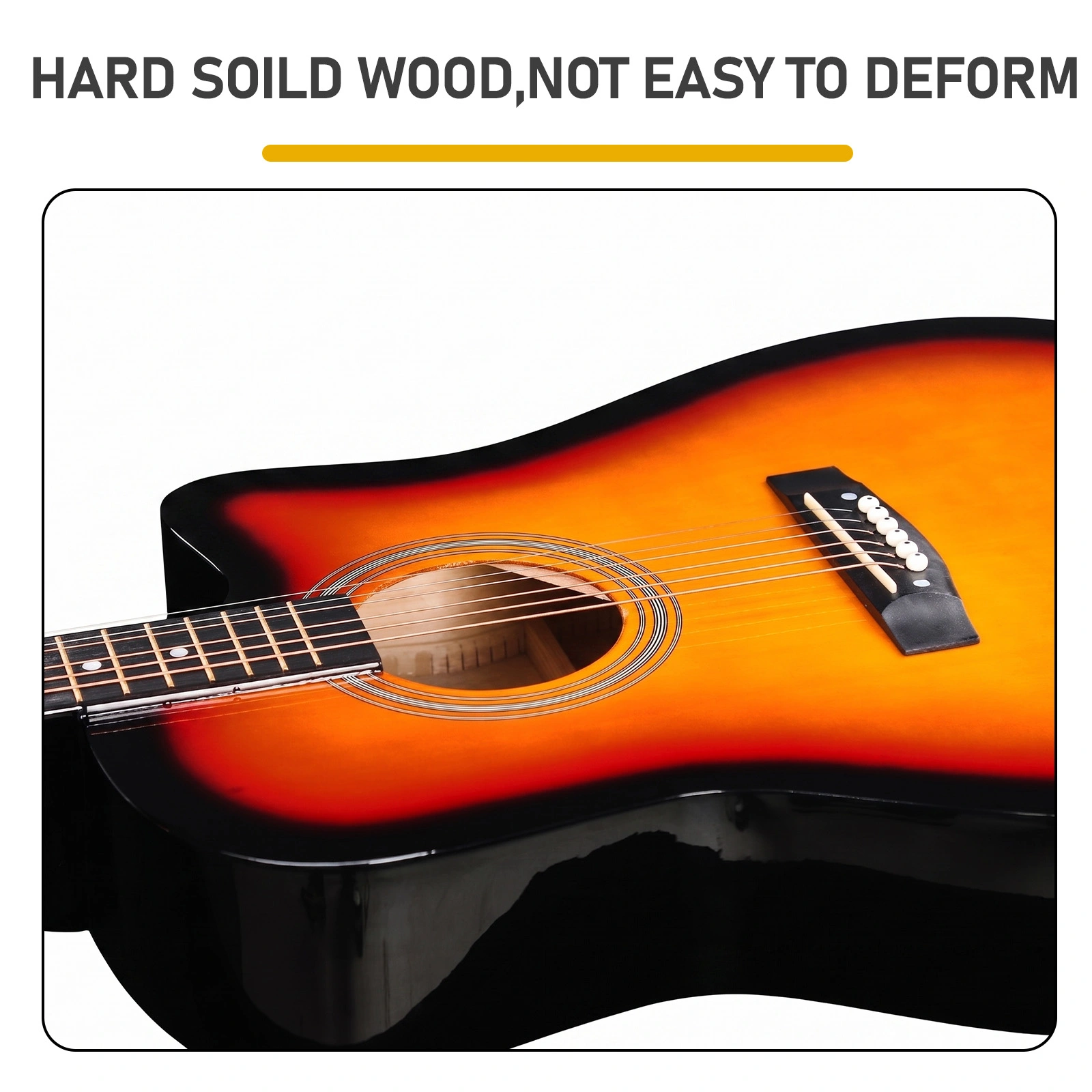 Sunset color 41-inch Dreadnought barrel-shaped cutaway acoustic guitar with pick, strings, capo, gig bag, tuner, wrench tool, and shoulder strap view 3