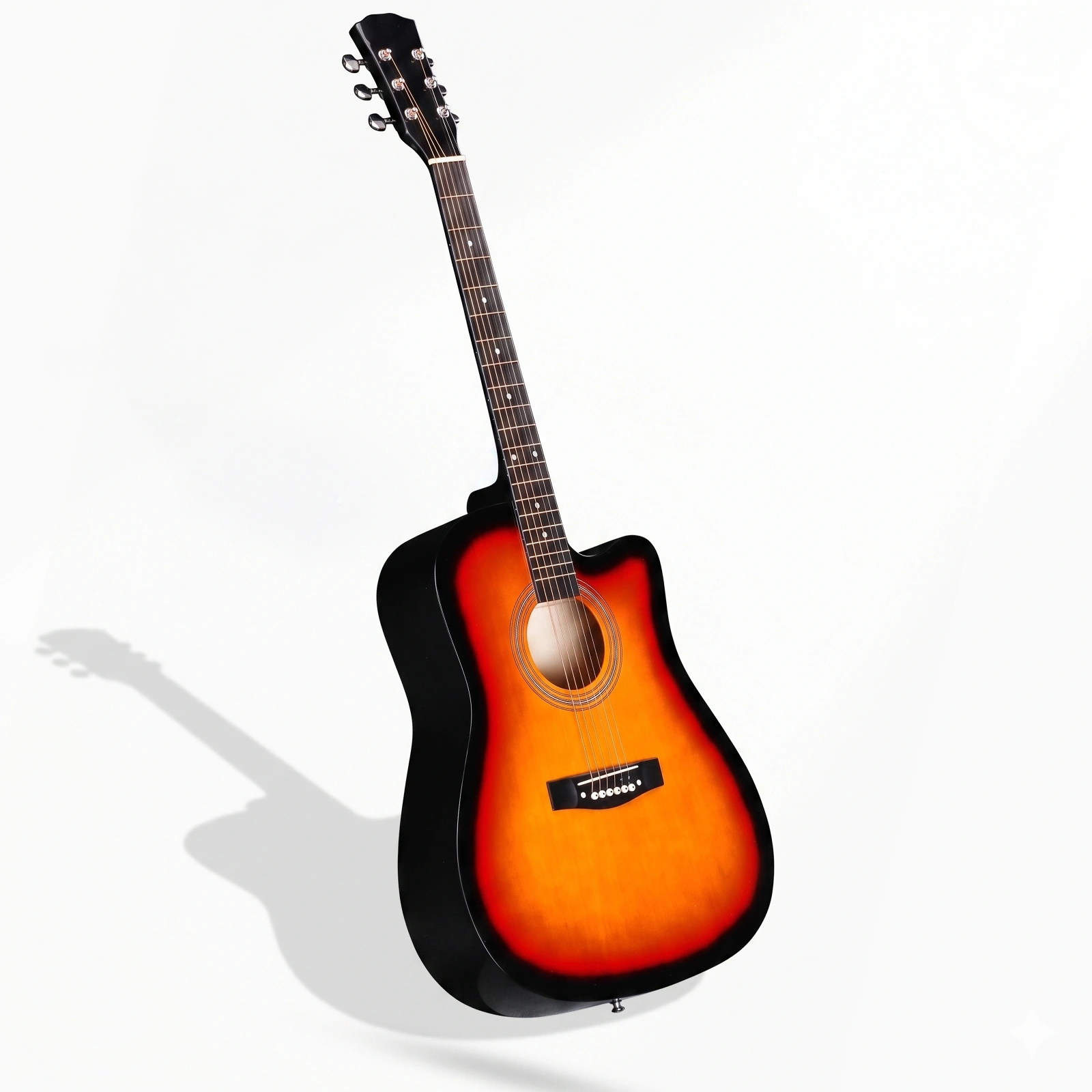 Sunset color 41-inch Dreadnought barrel-shaped cutaway acoustic guitar with pick, strings, capo, gig bag, tuner, wrench tool, and shoulder strap view 6