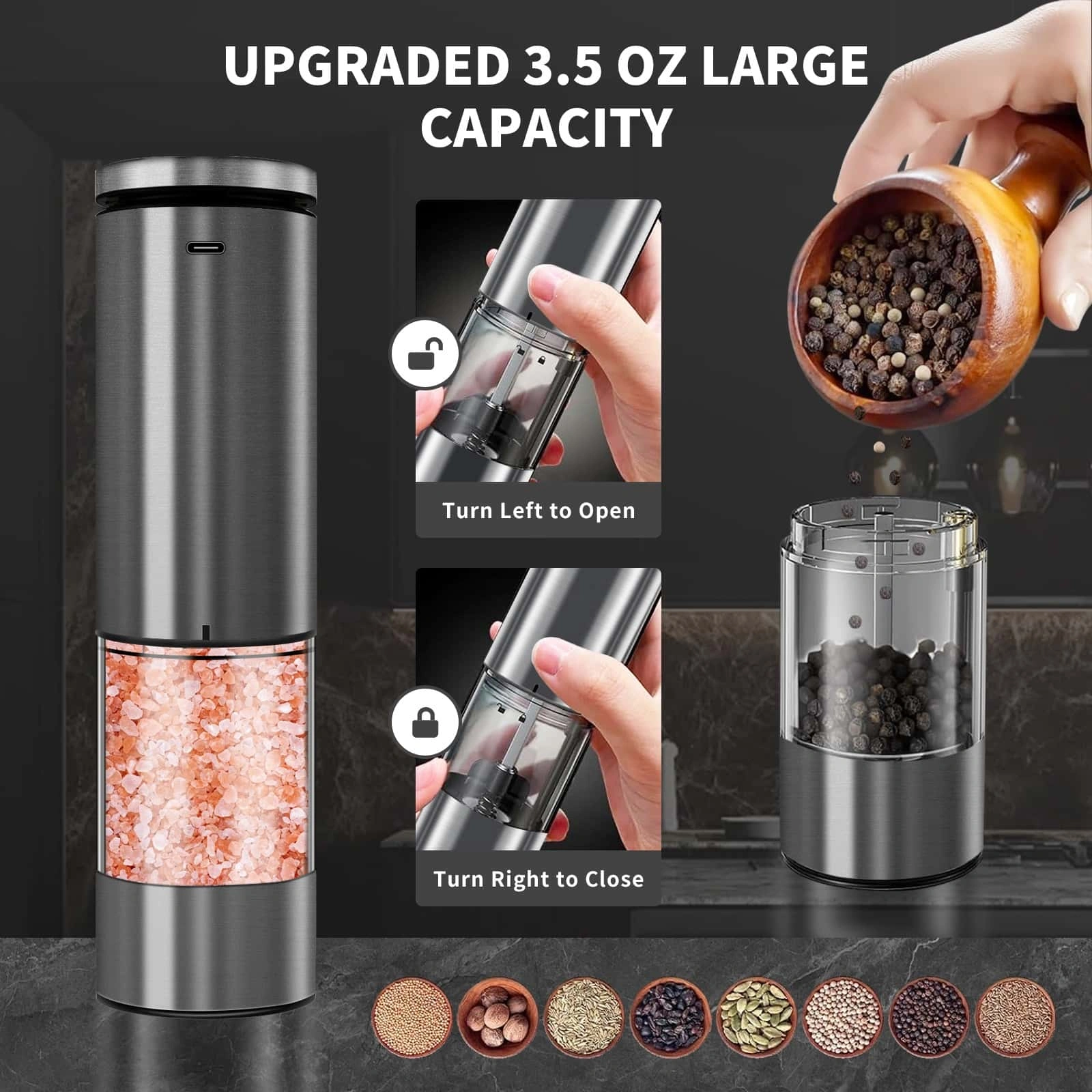 2PCS of electric salt and pepper grinders - battery-powered, adjustable for grinding fineness, suitable for home kitchens, made of durable plastic (not available on Walmart platform) view 4