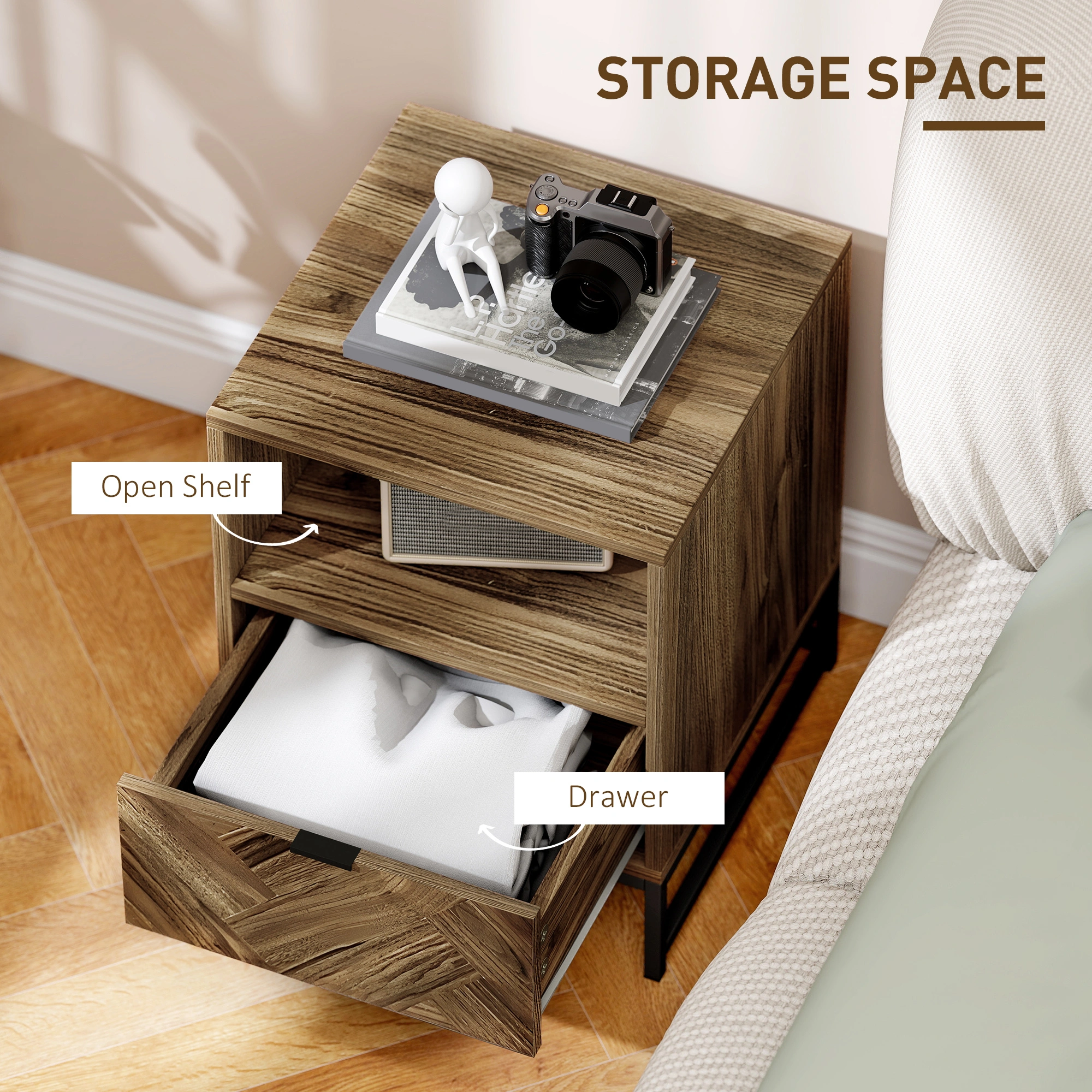 Rattan Coffee Table - Wicker Storage End Table with Tray Top for Living Room, Sofa Side view 5