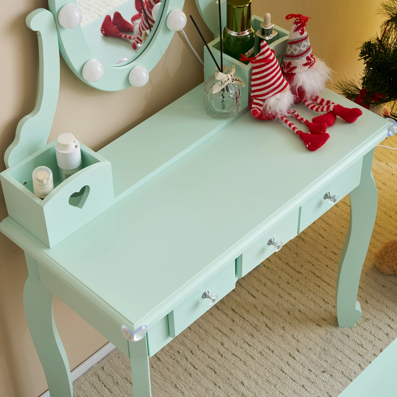 Kids Vanity Set with Mirror and Lights and Stool, 5 Storage Drawers, Pretend Play Princess Makeup Desk Dressing Table and Stool Set for Little Girls Age 3+, Macaroon Green view 13