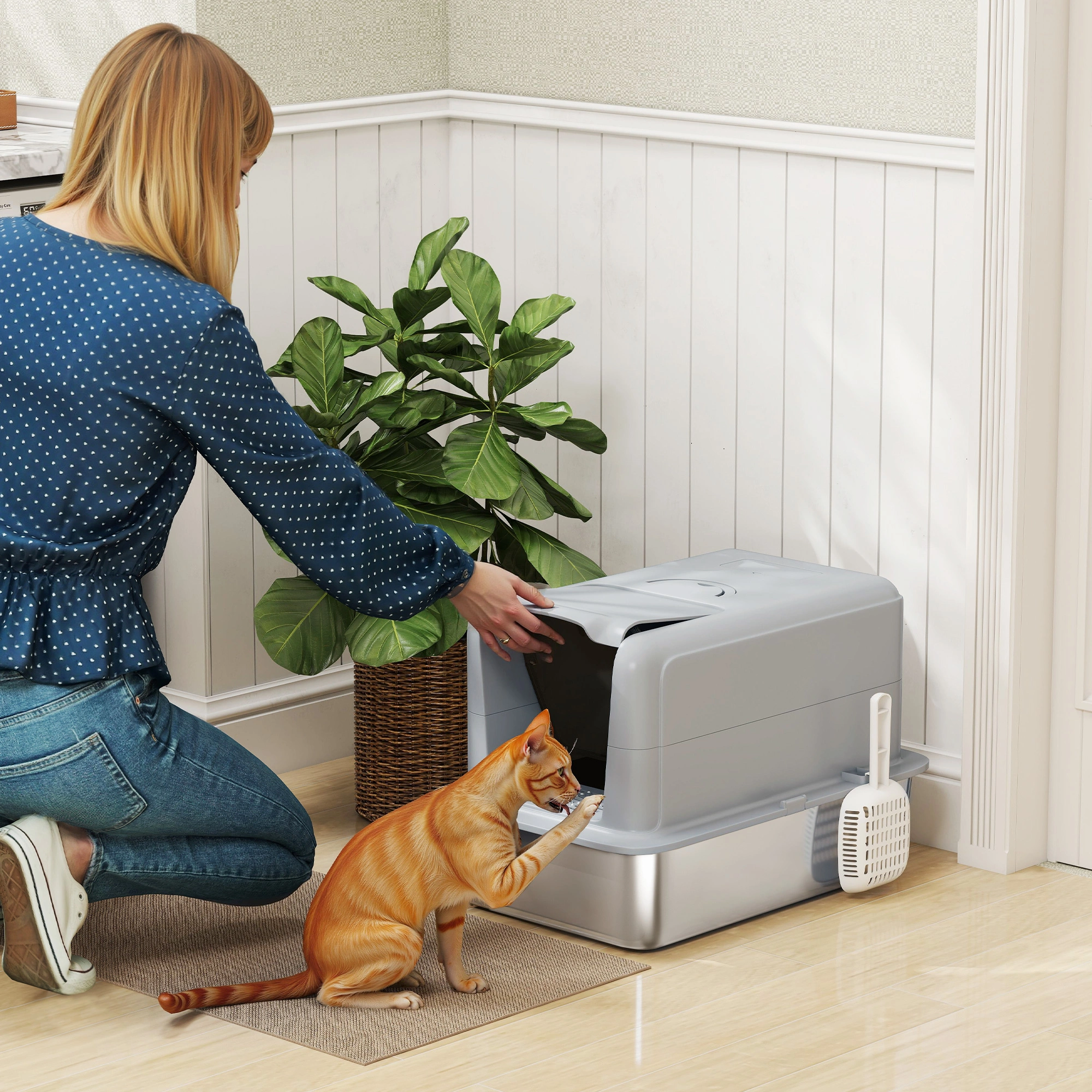 Gray 2-in-1 Cat Litter Box with Removable Lid, Enclosed Design for Small to Large Cats