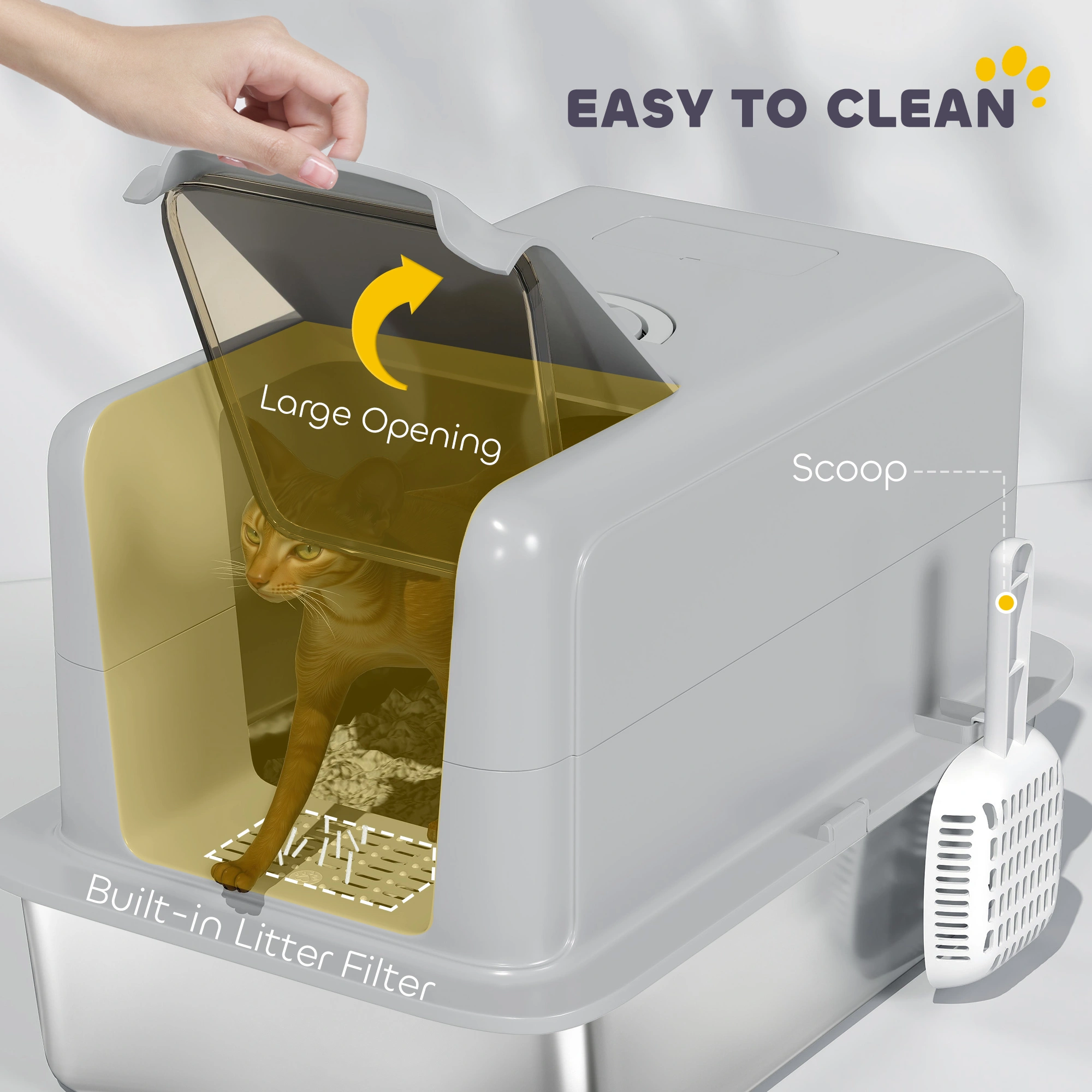 Gray 2-in-1 Cat Litter Box with Removable Lid, Enclosed Design for Small to Large Cats view 4