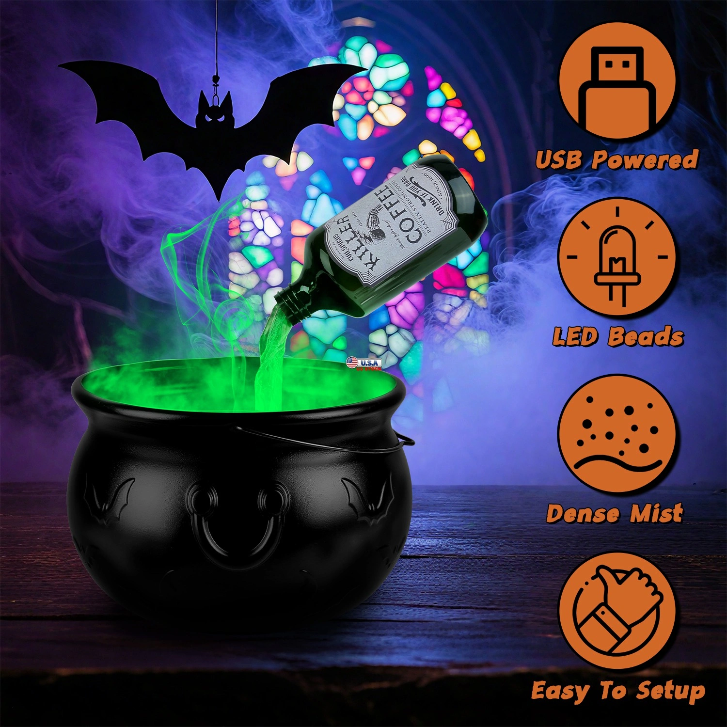 Halloween Floating Potion Bottle Decor with Witch Cauldron - 2-in-1 USB-Powered Green Mist Maker & 4 LED Lights, IPX8 Waterproof, Splash Guard Included, Perfect for Halloween Party, Haunted House, Spo