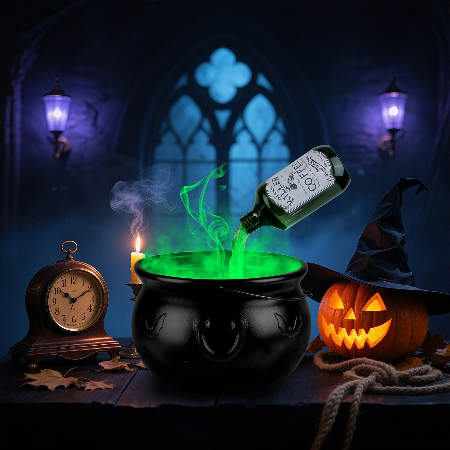 Halloween Floating Potion Bottle Decor with Witch Cauldron - 2-in-1 USB-Powered Green Mist Maker & 4 LED Lights, IPX8 Waterproof, Splash Guard Included, Perfect for Halloween Party, Haunted House, Spo view 2