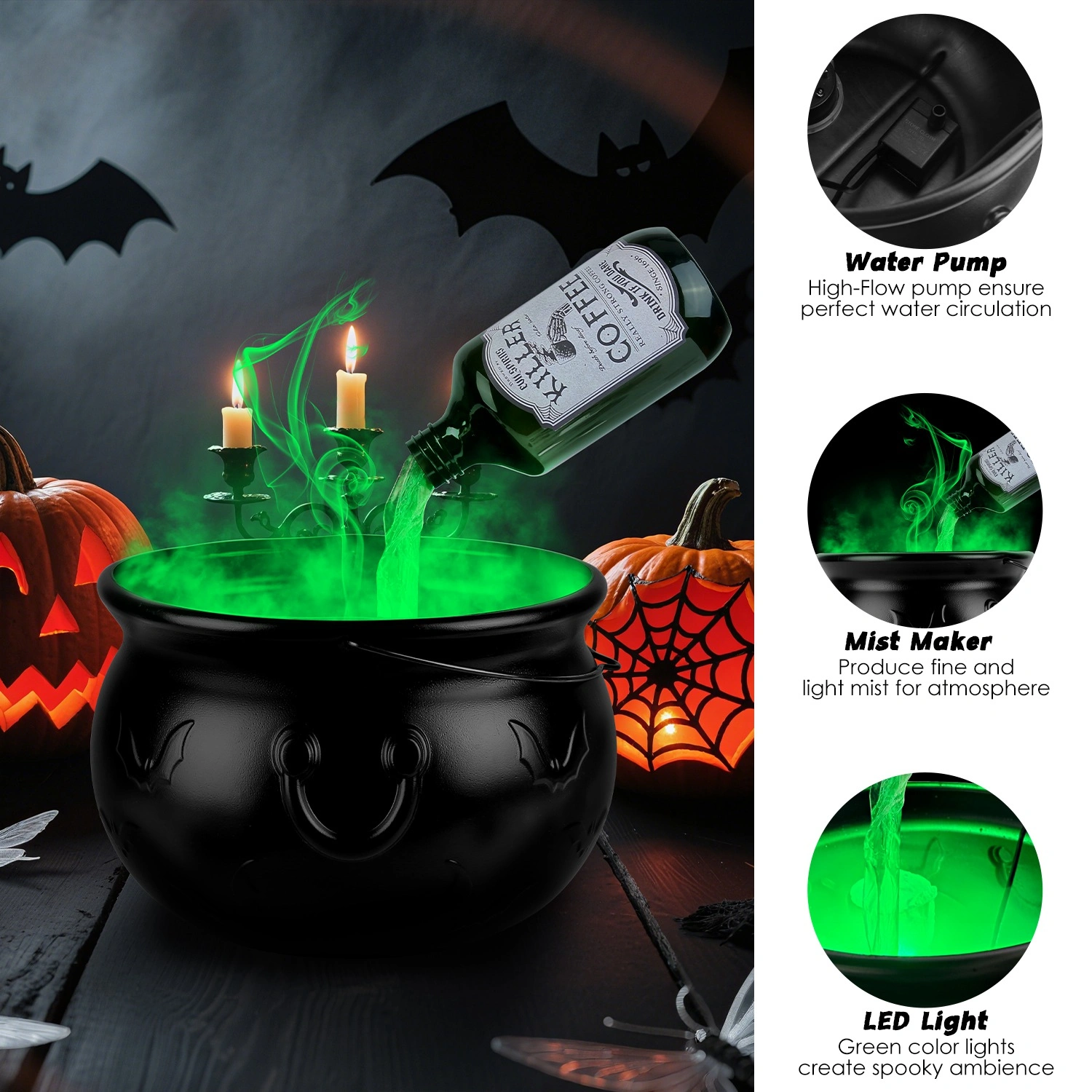 Halloween Floating Potion Bottle Decor with Witch Cauldron - 2-in-1 USB-Powered Green Mist Maker & 4 LED Lights, IPX8 Waterproof, Splash Guard Included, Perfect for Halloween Party, Haunted House, Spo view 3