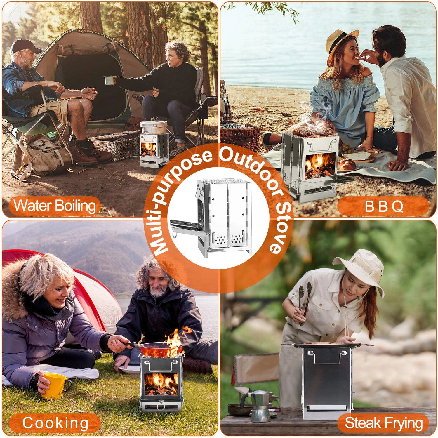 Foldable Camping Wood Burning Stove with Grill, Camp Stove Collapsible Backpacking Survival Stove Stainless Steel Campfire Stove for Outdoor Cooking Picnic Hiking BBQ (Sliver-Large) view 2