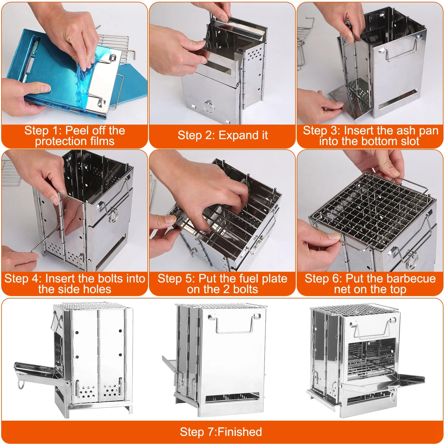 Foldable Camping Wood Burning Stove with Grill, Camp Stove Collapsible Backpacking Survival Stove Stainless Steel Campfire Stove for Outdoor Cooking Picnic Hiking BBQ (Sliver-Large) view 7