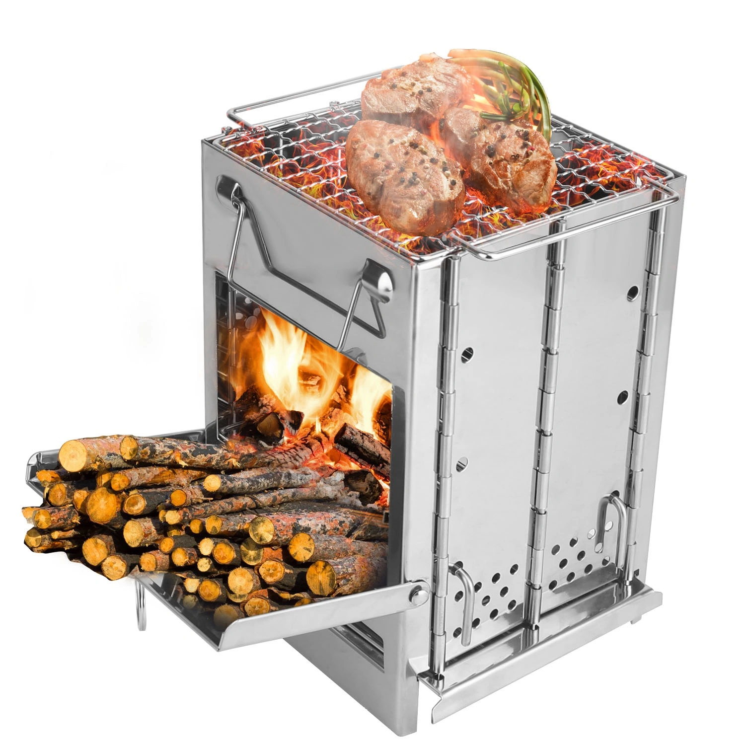 Foldable Camping Wood Burning Stove with Grill, Camp Stove Collapsible Backpacking Survival Stove Stainless Steel Campfire Stove for Outdoor Cooking Picnic Hiking BBQ (Sliver-Large) view 8