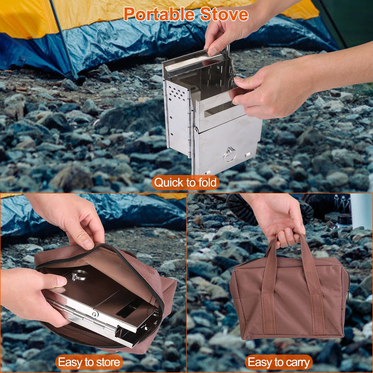 Foldable Camping Wood Burning Stove with Grill, Camp Stove Collapsible Backpacking Survival Stove Stainless Steel Campfire Stove for Outdoor Cooking Picnic Hiking BBQ (Sliver-Large) view 9