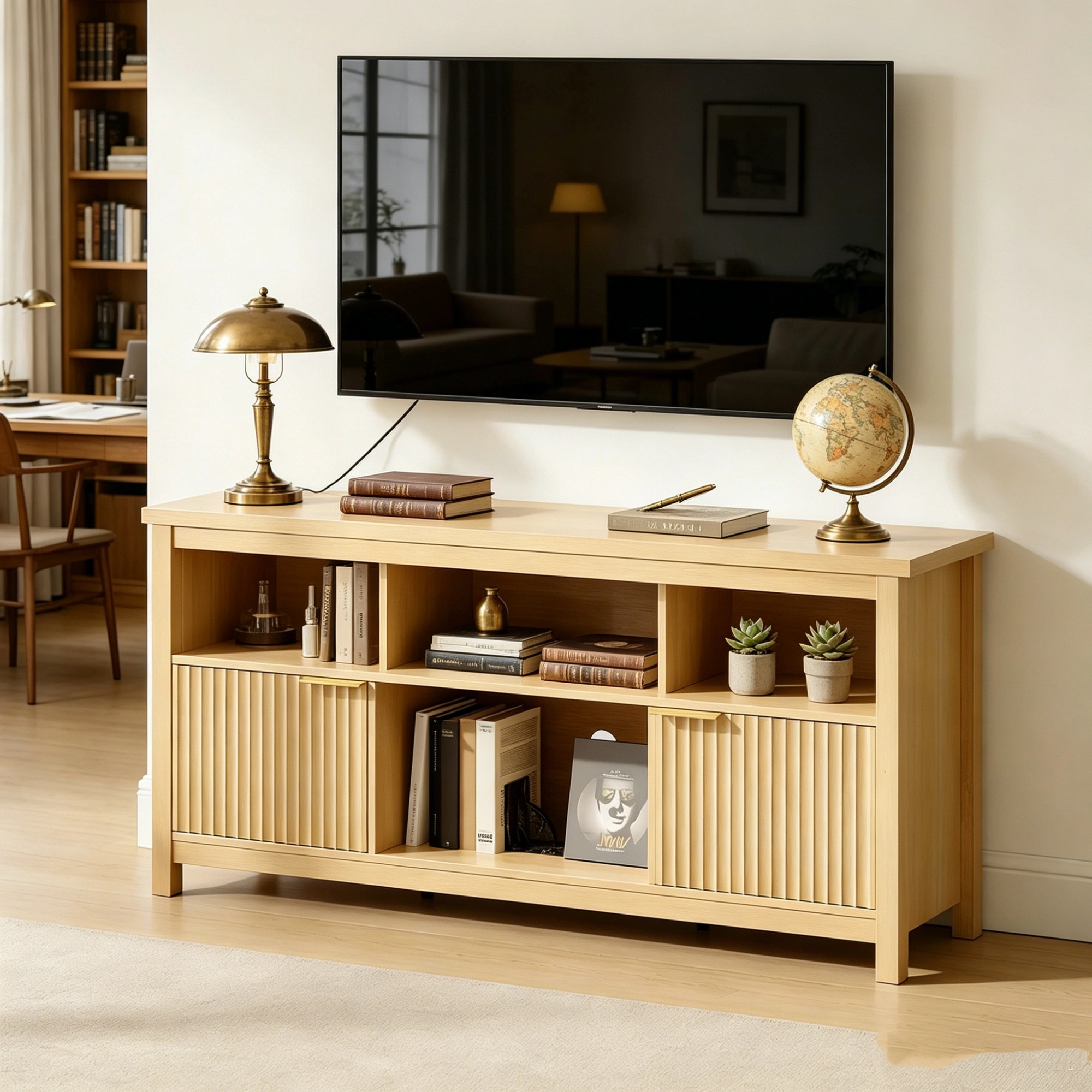 Entertainment Center TV Stand with 4 Open Cubbies & 2 Fluted Hinged Storage Doors, Adjustable Inner Shelves, Cable Management Holes, Media Console Cabinet for Living Room Bedroom, 58.07 x 14.96 x 27.36 Inches, Embossed Melamine Faced Particleboard, N