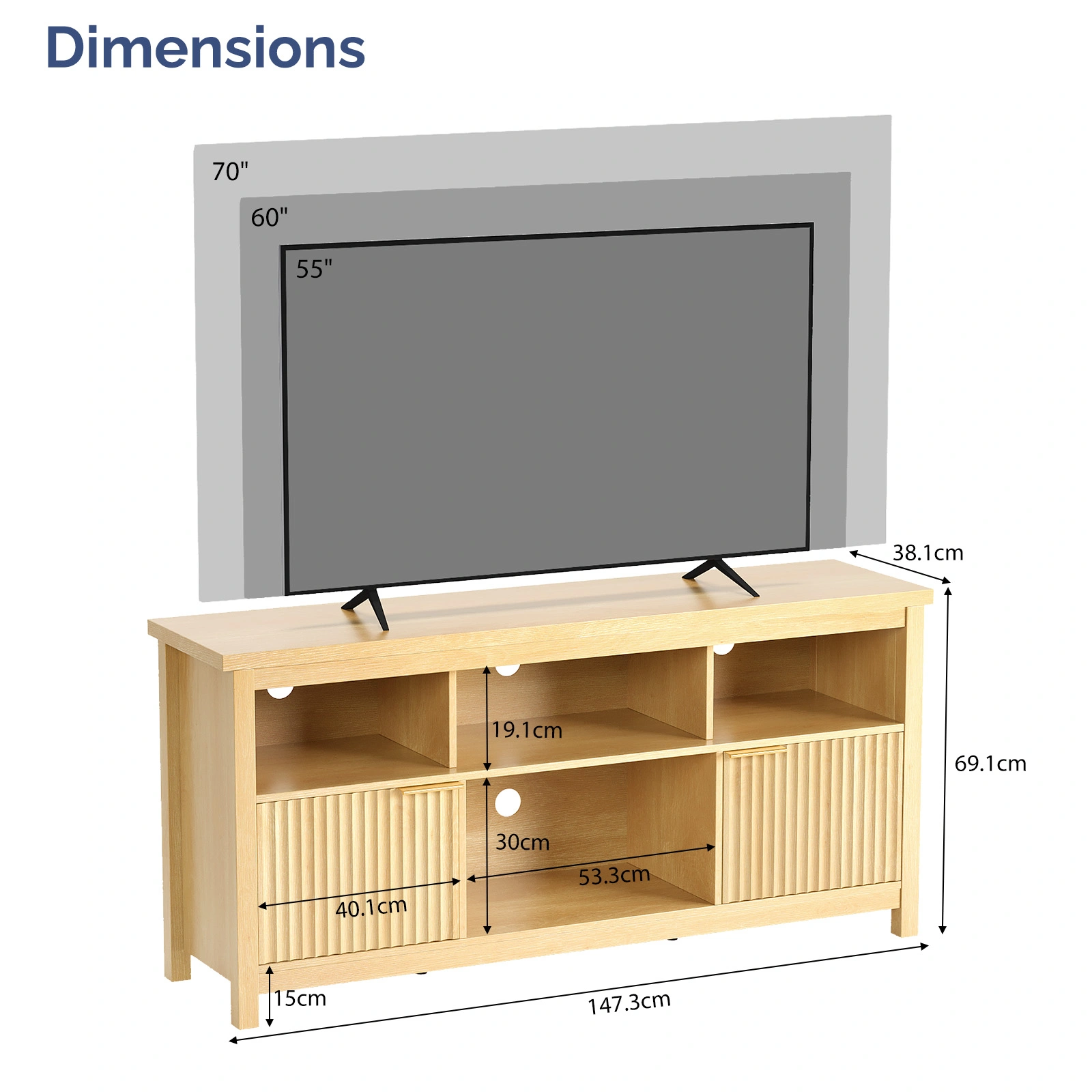 Entertainment Center TV Stand with 4 Open Cubbies & 2 Fluted Hinged Storage Doors, Adjustable Inner Shelves, Cable Management Holes, Media Console Cabinet for Living Room Bedroom, 58.07 x 14.96 x 27.36 Inches, Embossed Melamine Faced Particleboard, N view 11