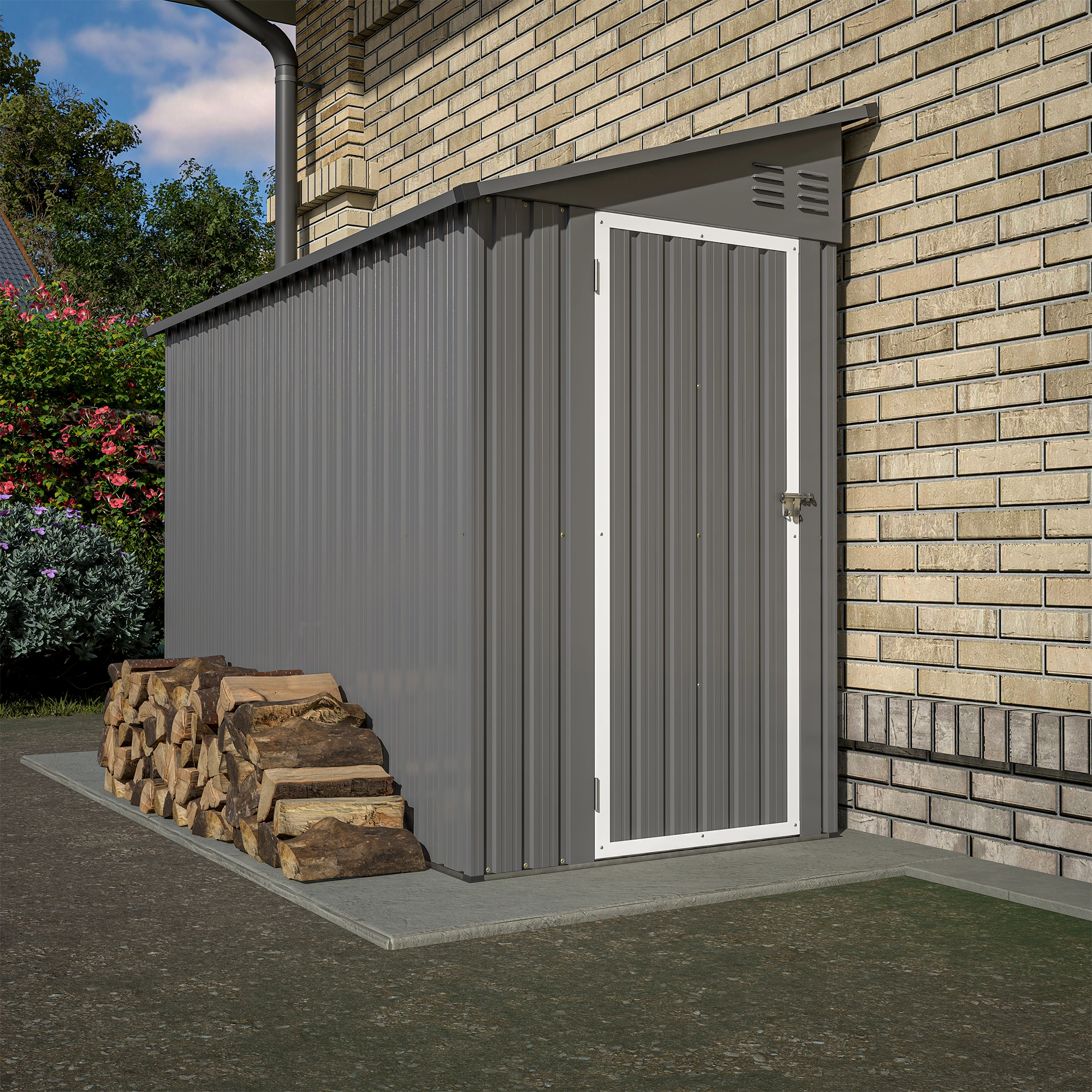 4x8 Lean To Metal Storage Shed, Outdoor Steel Side Wall Cabinet with Floor Frame, Single Door Left or Right Mount, Weather Resistant Garden Shed for Backyard Patio - Grey