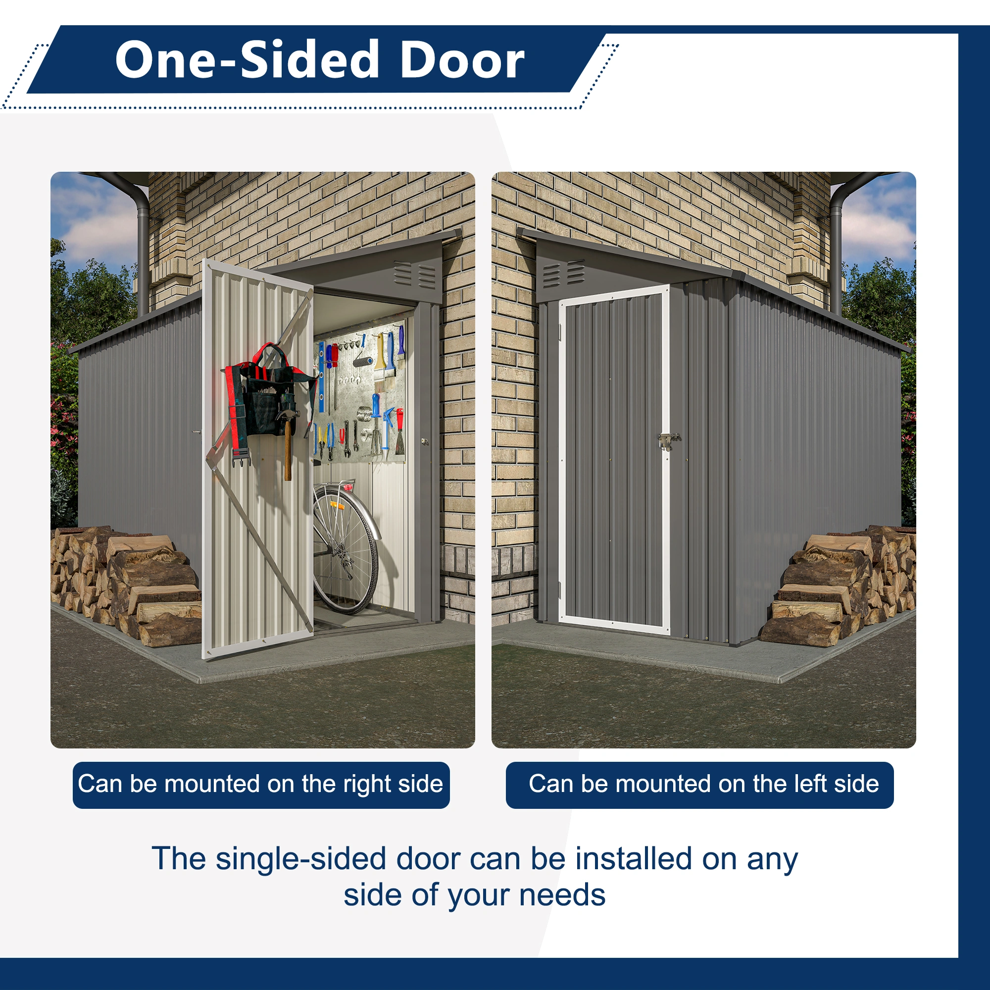4x8 Lean To Metal Storage Shed, Outdoor Steel Side Wall Cabinet with Floor Frame, Single Door Left or Right Mount, Weather Resistant Garden Shed for Backyard Patio - Grey view 4