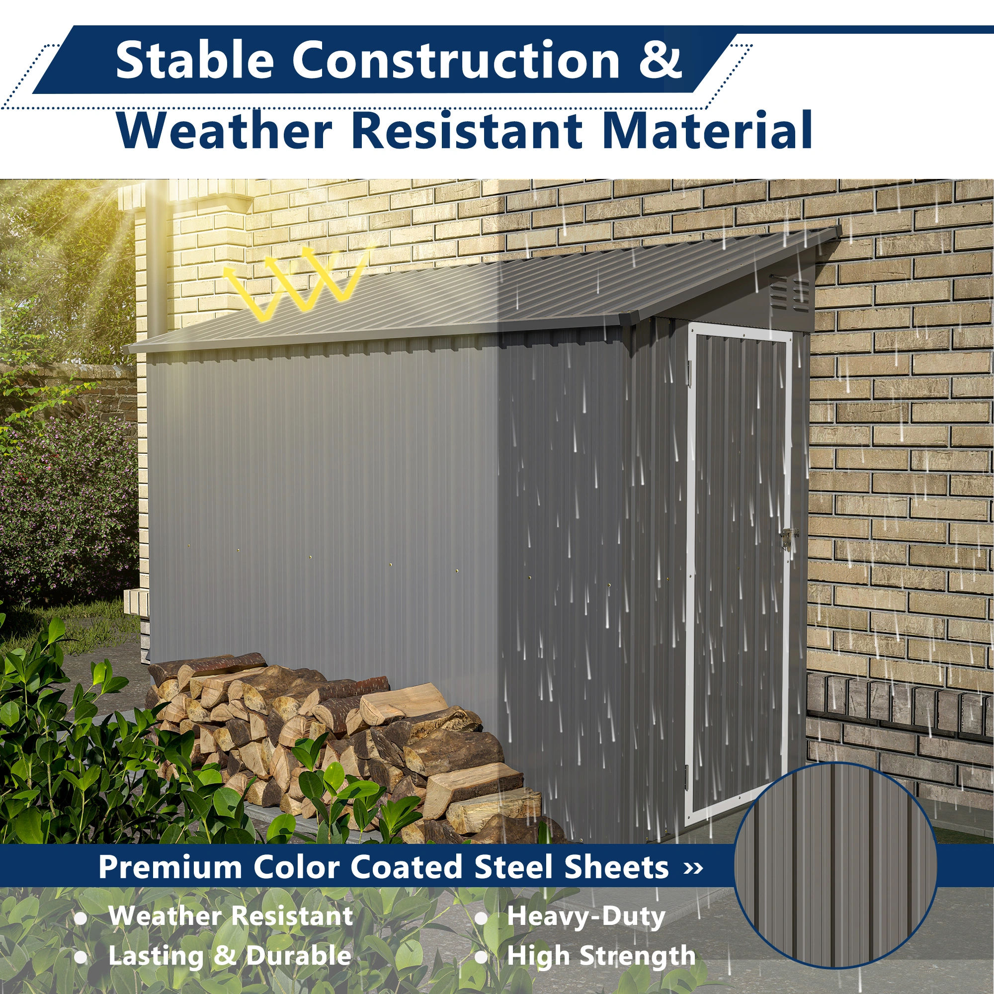 4x8 Lean To Metal Storage Shed, Outdoor Steel Side Wall Cabinet with Floor Frame, Single Door Left or Right Mount, Weather Resistant Garden Shed for Backyard Patio - Grey view 5