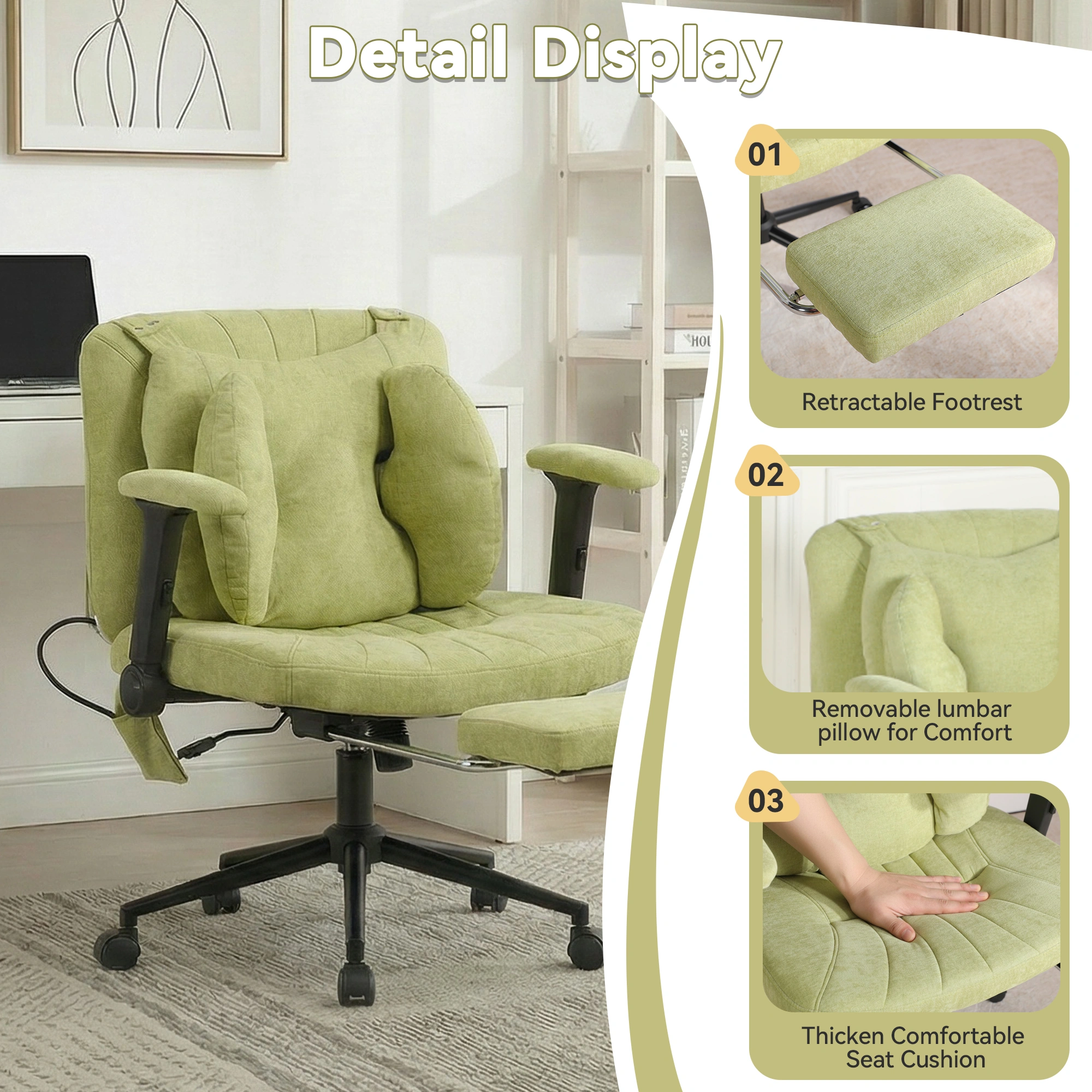Home Office Gaming Chair with Footrest, Swivel Desk Chair with Armrests & Casters, Adjustable Height, Green view 5