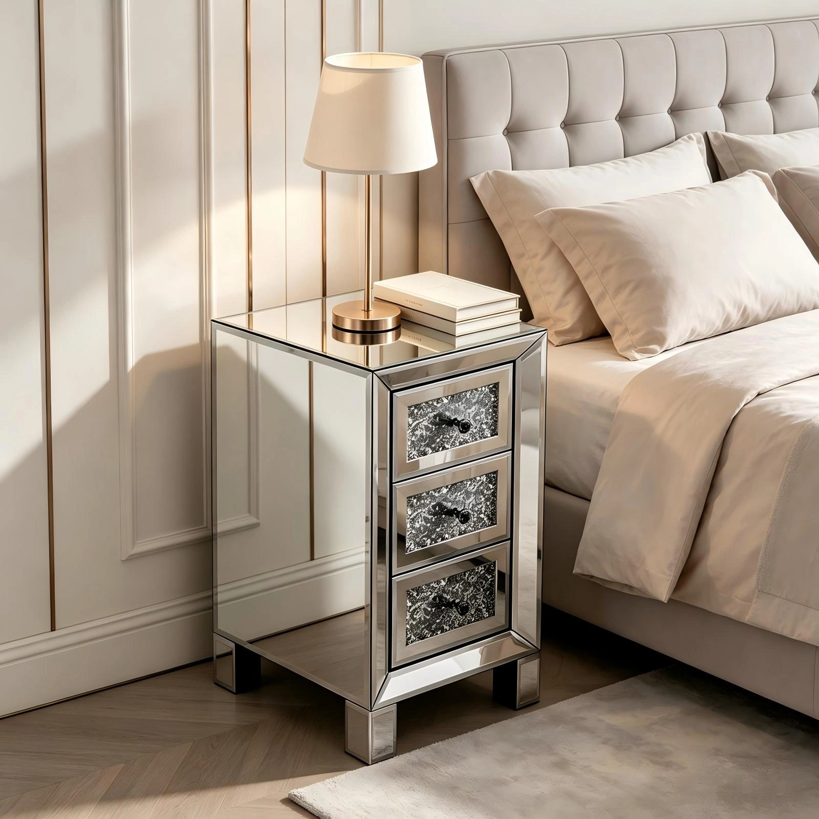 (Do Not Sale on Amazon) 3-Drawer Nightstand with Crushed Diamond Drawer Fronts MDF Drawer Unit with Mirrored Finish 11.8*11.8*23.6in Silver