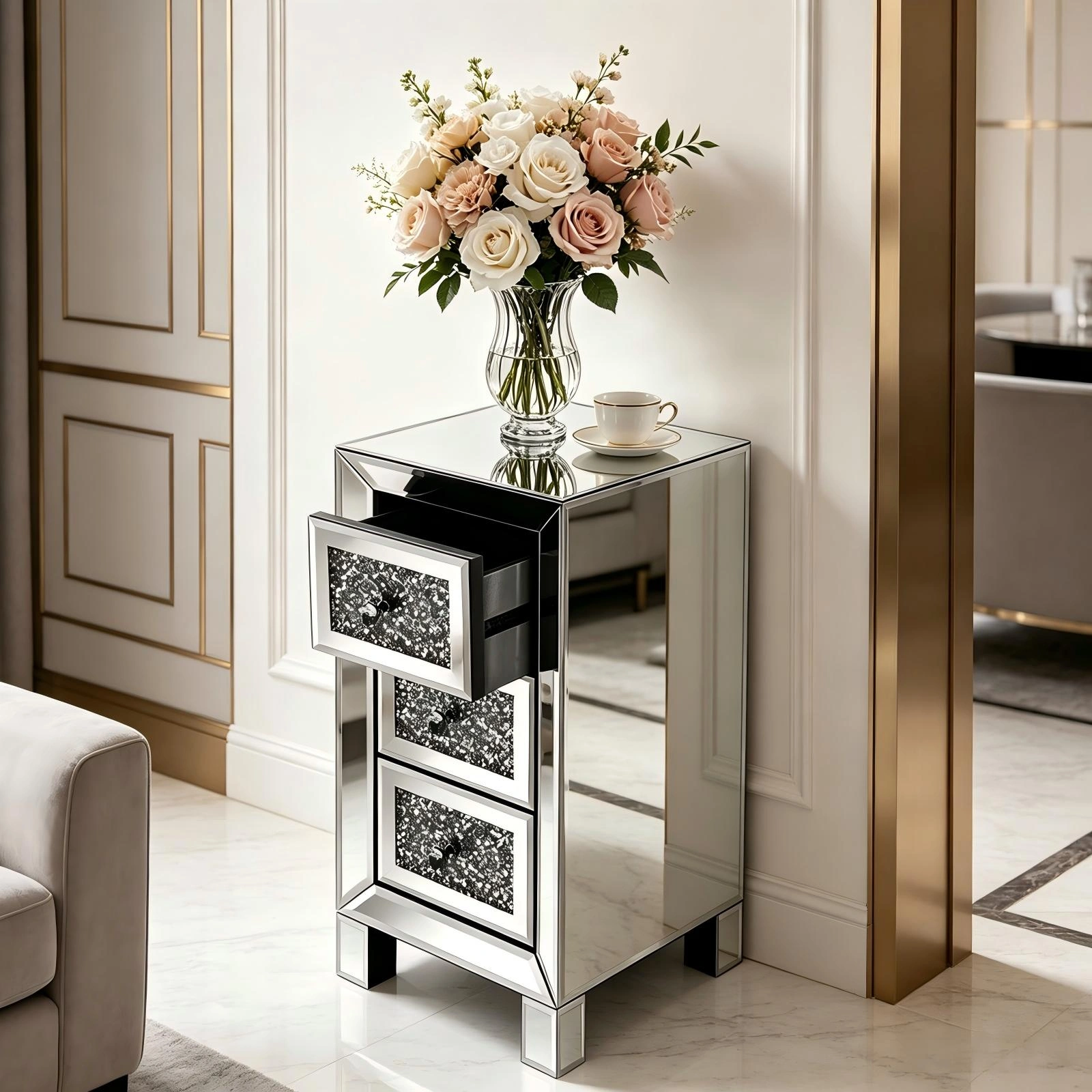 (Do Not Sale on Amazon) 3-Drawer Nightstand with Crushed Diamond Drawer Fronts MDF Drawer Unit with Mirrored Finish 11.8*11.8*23.6in Silver view 2