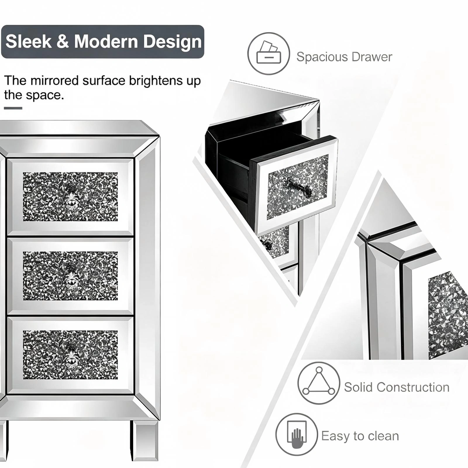 (Do Not Sale on Amazon) 3-Drawer Nightstand with Crushed Diamond Drawer Fronts MDF Drawer Unit with Mirrored Finish 11.8*11.8*23.6in Silver view 4