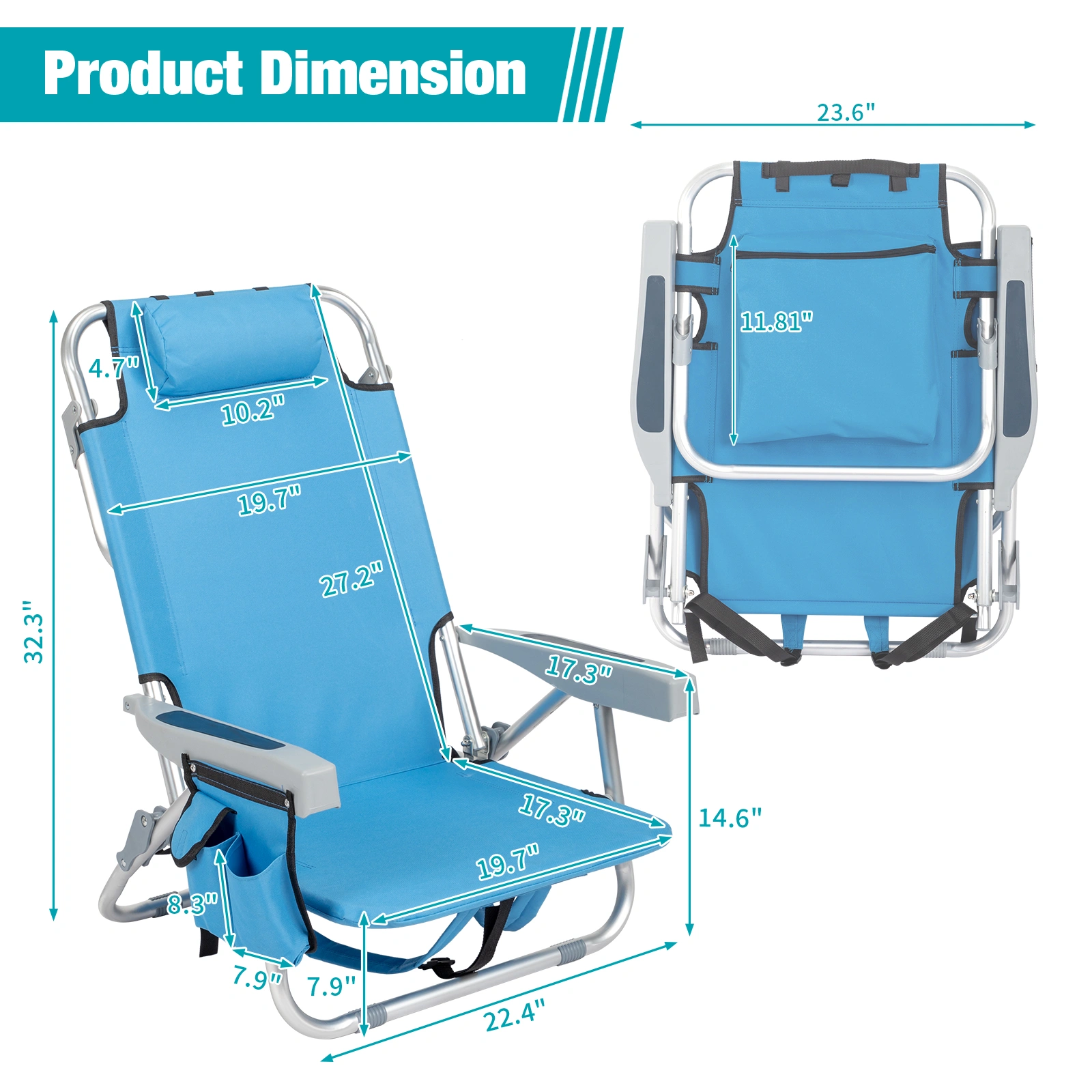 63*65*82cm Short Oxford Cloth Silver White Aluminum Tube Bearing 100kg Beach Chair Blue view 4