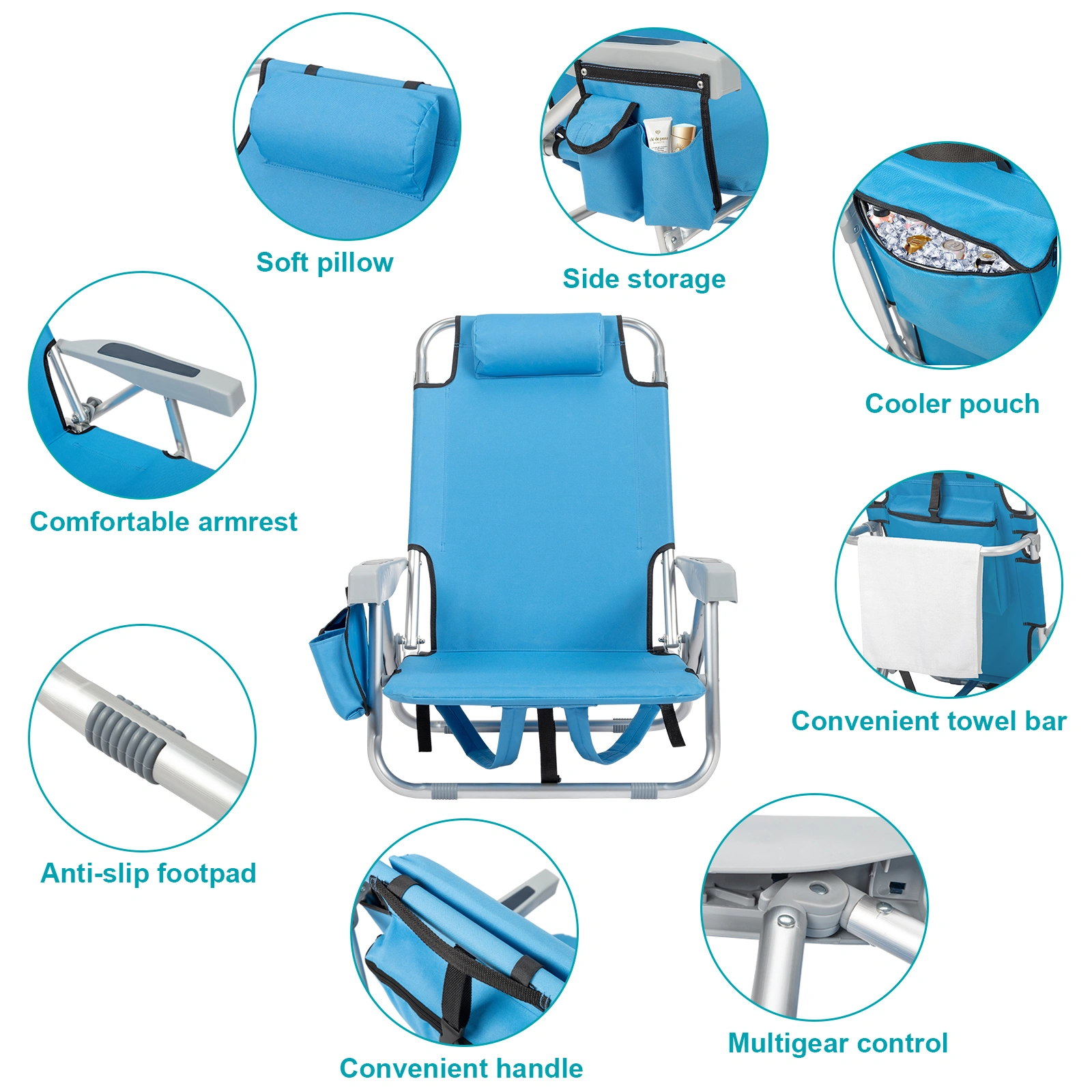 63*65*82cm Short Oxford Cloth Silver White Aluminum Tube Bearing 100kg Beach Chair Blue view 9
