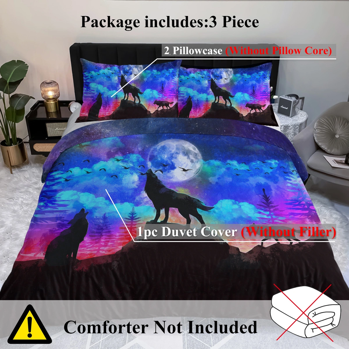 Moon Wolf 3 Piece Duvet Cover Set - Colorful Microfiber Double Bedding for Kids, Soft & Breathable view 4