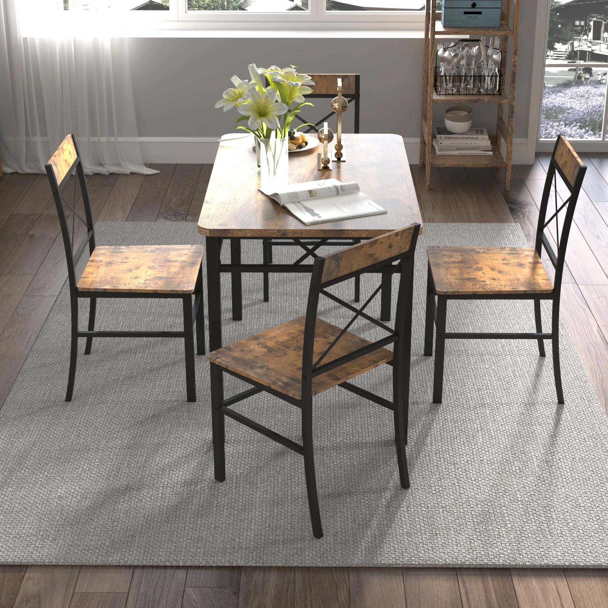 4 Piece Dining Table Set for 4, Solid Wood Kitchen Table and Chairs, Compact Dining Room Set with Chairs for Small Spaces, Rustic Brown view 3