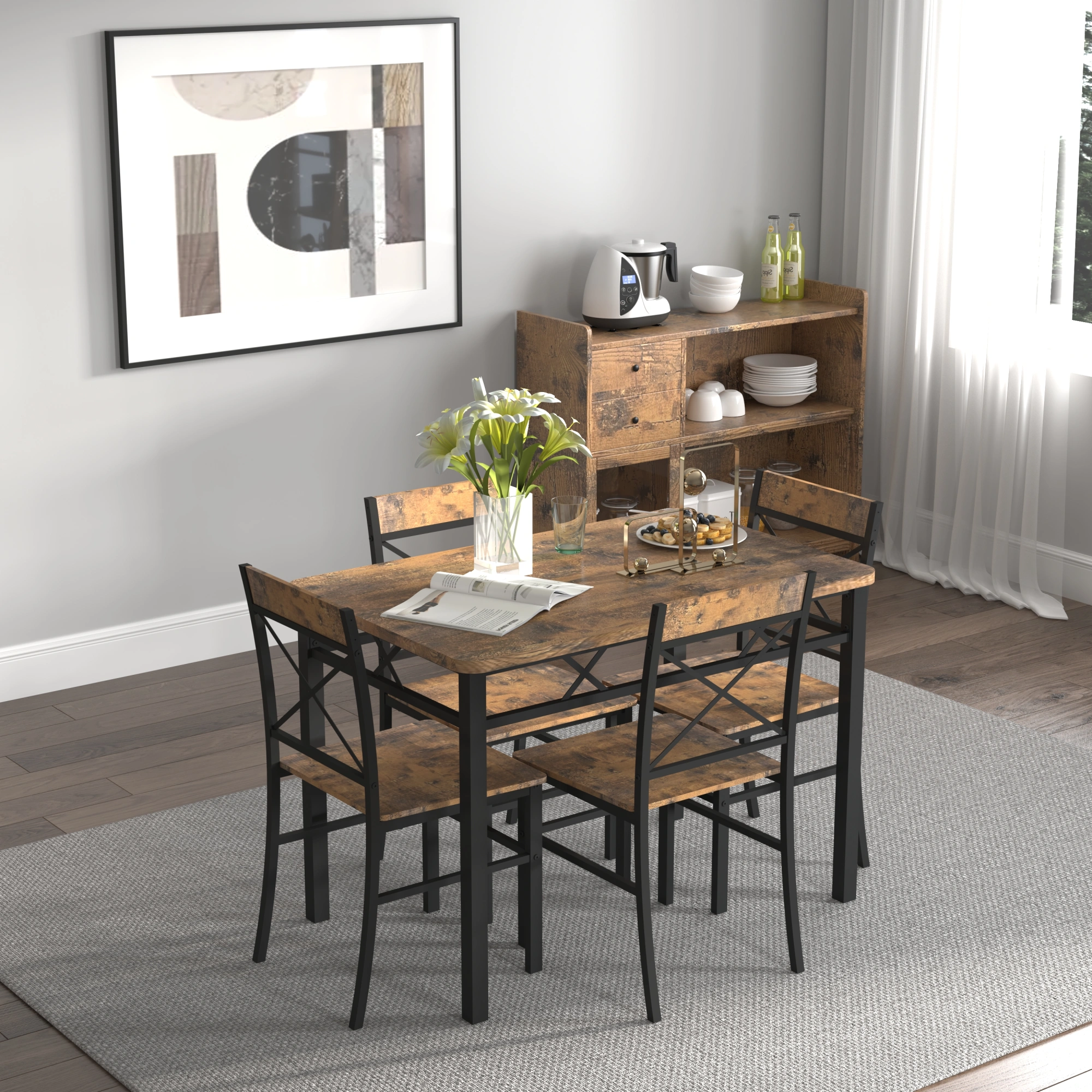 4 Piece Dining Table Set for 4, Solid Wood Kitchen Table and Chairs, Compact Dining Room Set with Chairs for Small Spaces, Rustic Brown view 5