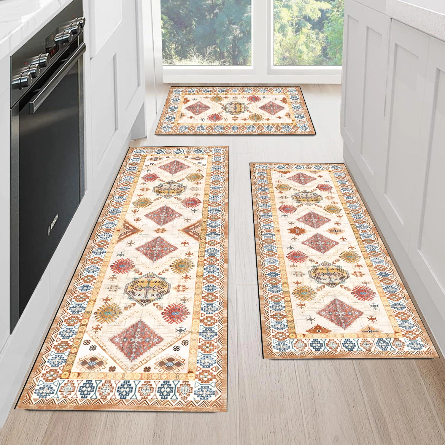 Boho Kitchen Rug Sets 3 Piece with Runner Non Slip Kitchen Rugs and Mats Washable Kitchen Mats for Floor Thick Kitchen Floor Mat Carpet Runner Rugs for Hallway Laundry Holiday Decor view 3