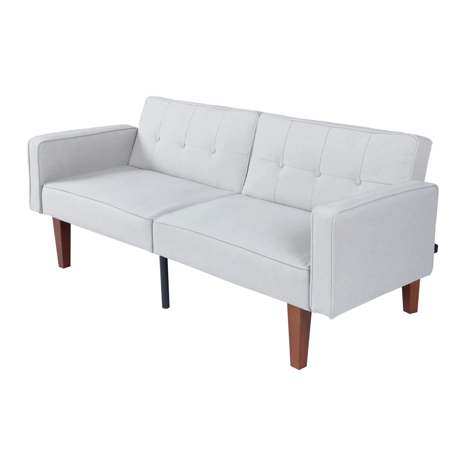 Modern Cotton Fabric Futon Sofa Bed, Tufted Backrest Reclining Couch, Adjustable Sofa with Wood Metal Legs, Compact Living Room Seat