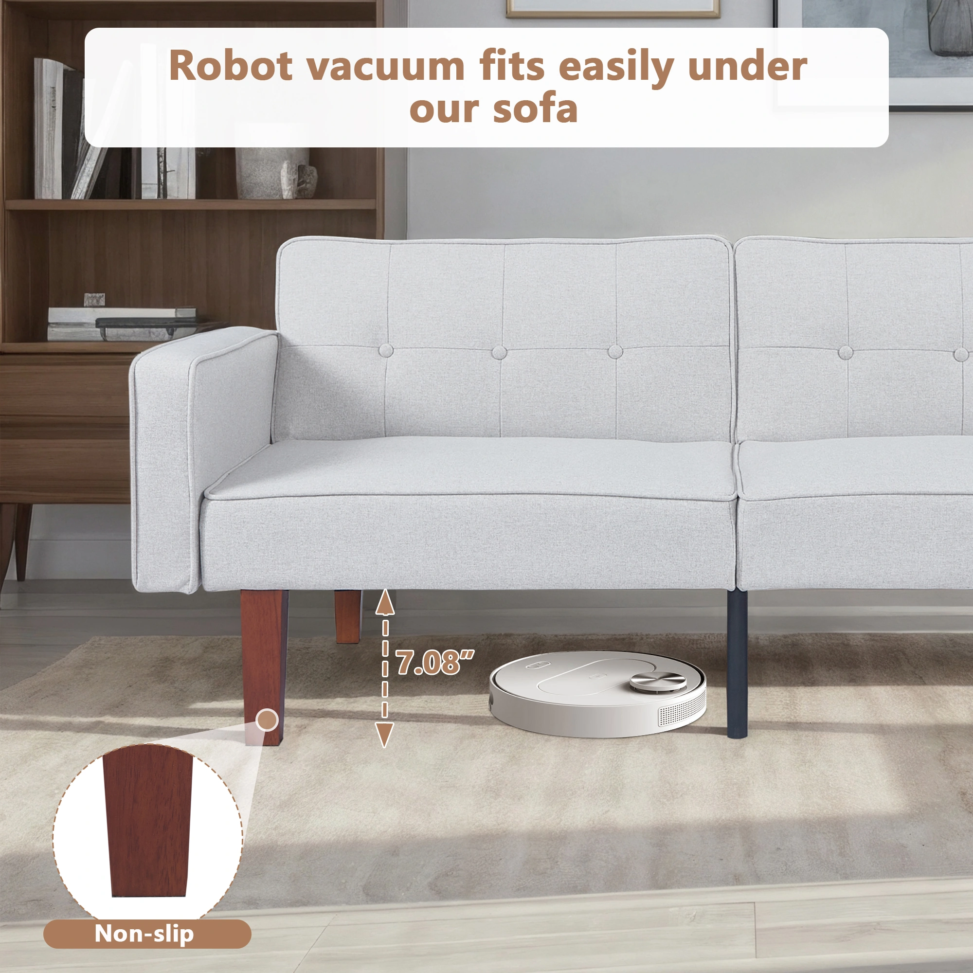 Modern Cotton Fabric Futon Sofa Bed, Tufted Backrest Reclining Couch, Adjustable Sofa with Wood Metal Legs, Compact Living Room Seat view 10