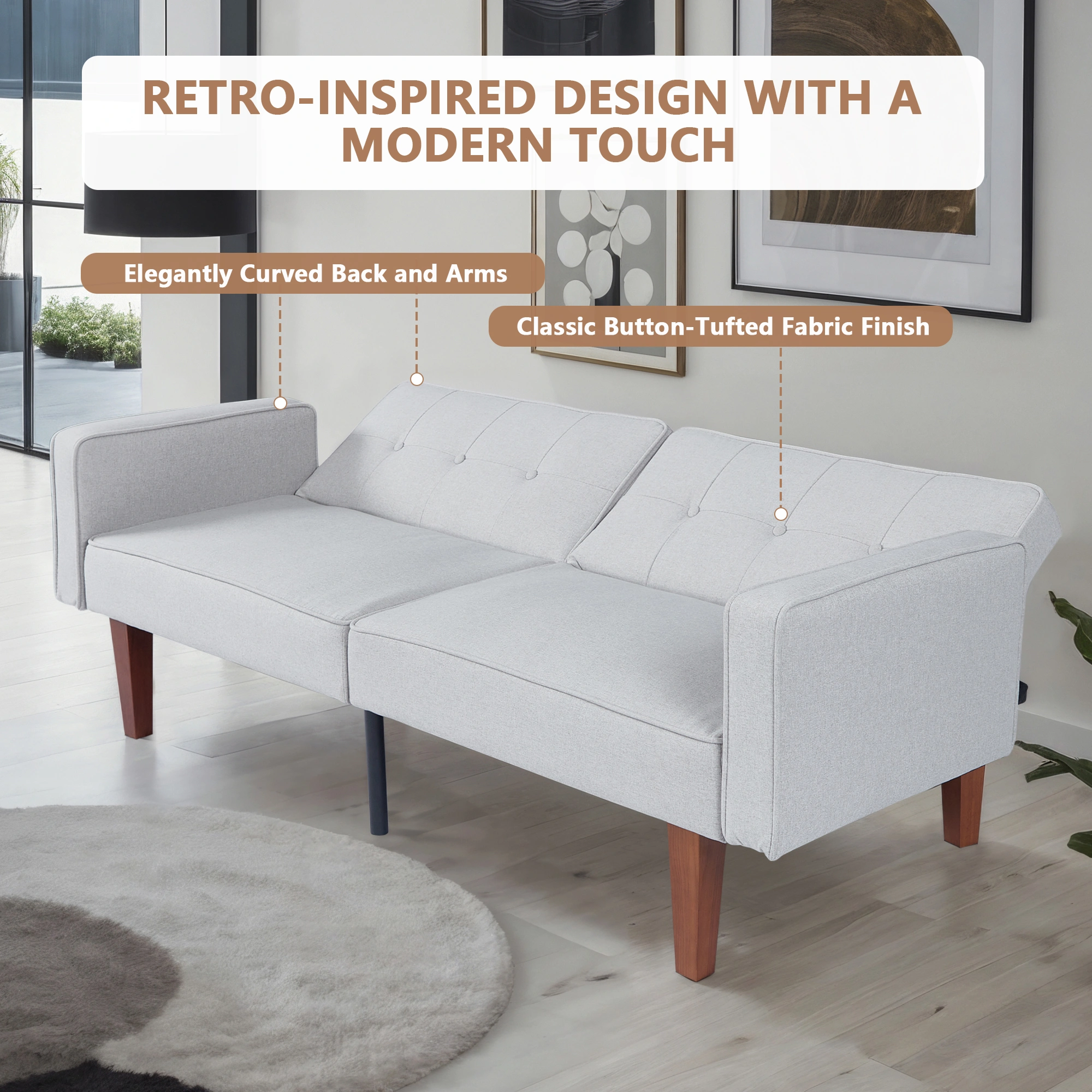 Modern Cotton Fabric Futon Sofa Bed, Tufted Backrest Reclining Couch, Adjustable Sofa with Wood Metal Legs, Compact Living Room Seat view 11