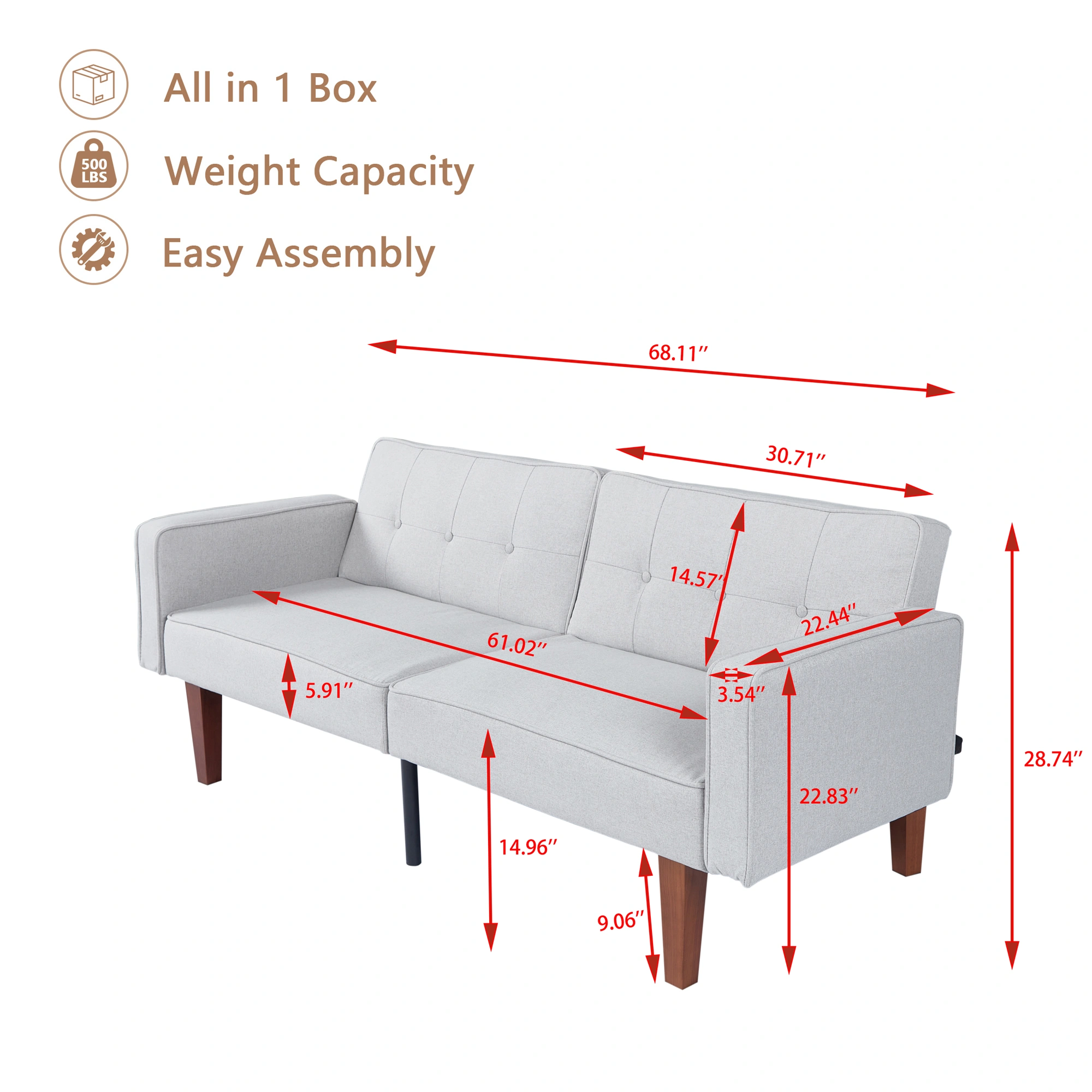 Modern Cotton Fabric Futon Sofa Bed, Tufted Backrest Reclining Couch, Adjustable Sofa with Wood Metal Legs, Compact Living Room Seat view 6