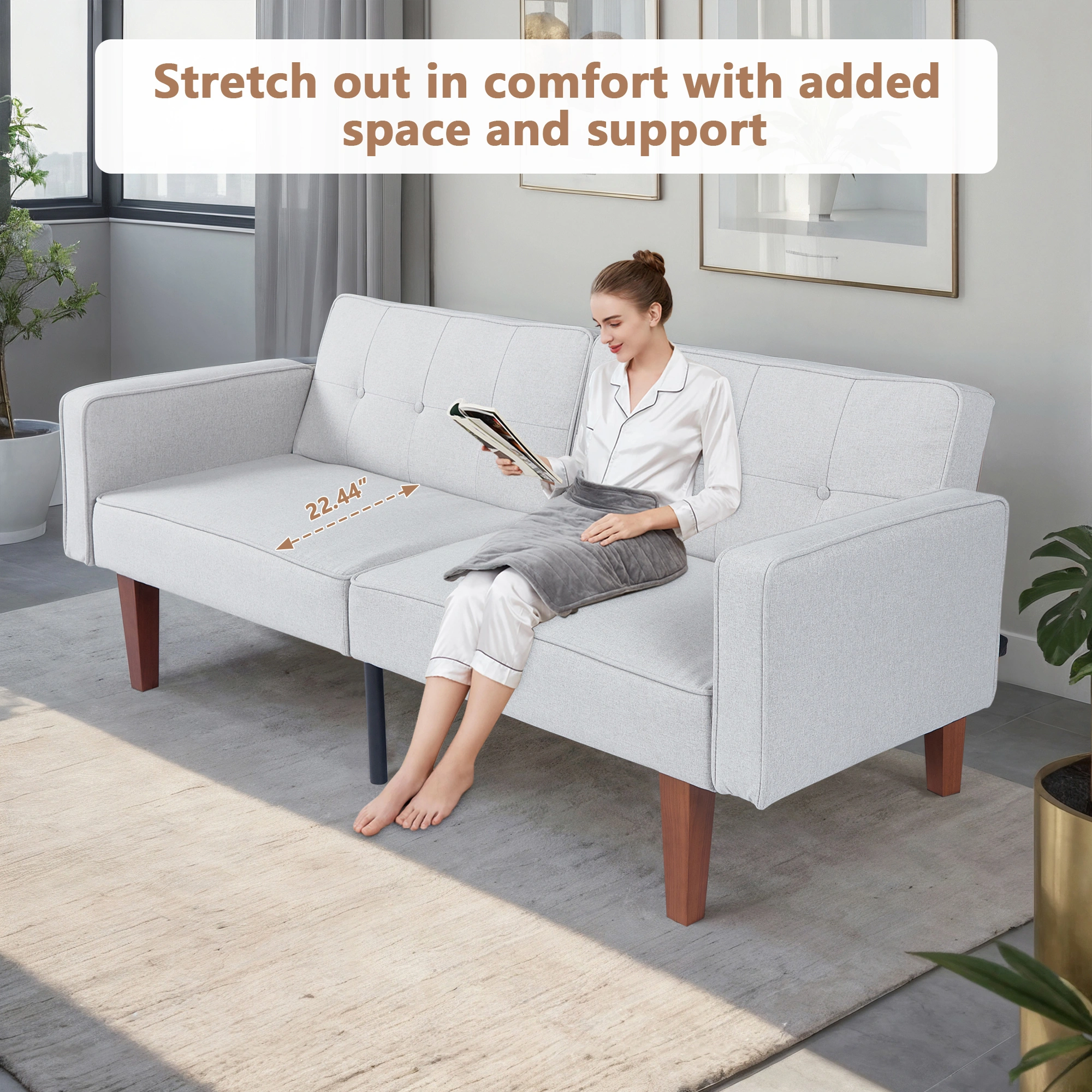 Modern Cotton Fabric Futon Sofa Bed, Tufted Backrest Reclining Couch, Adjustable Sofa with Wood Metal Legs, Compact Living Room Seat view 7
