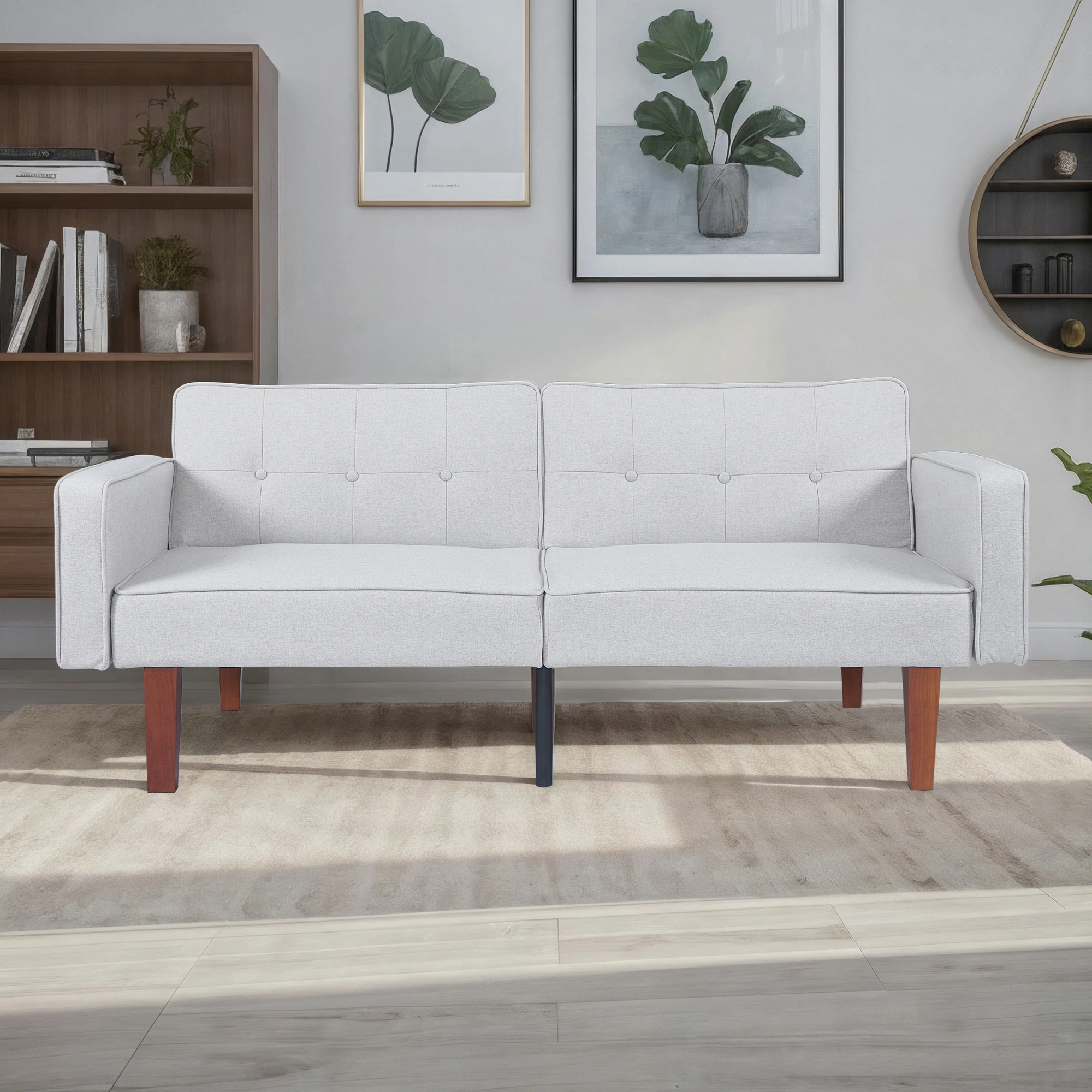 Modern Cotton Fabric Futon Sofa Bed, Tufted Backrest Reclining Couch, Adjustable Sofa with Wood Metal Legs, Compact Living Room Seat view 8