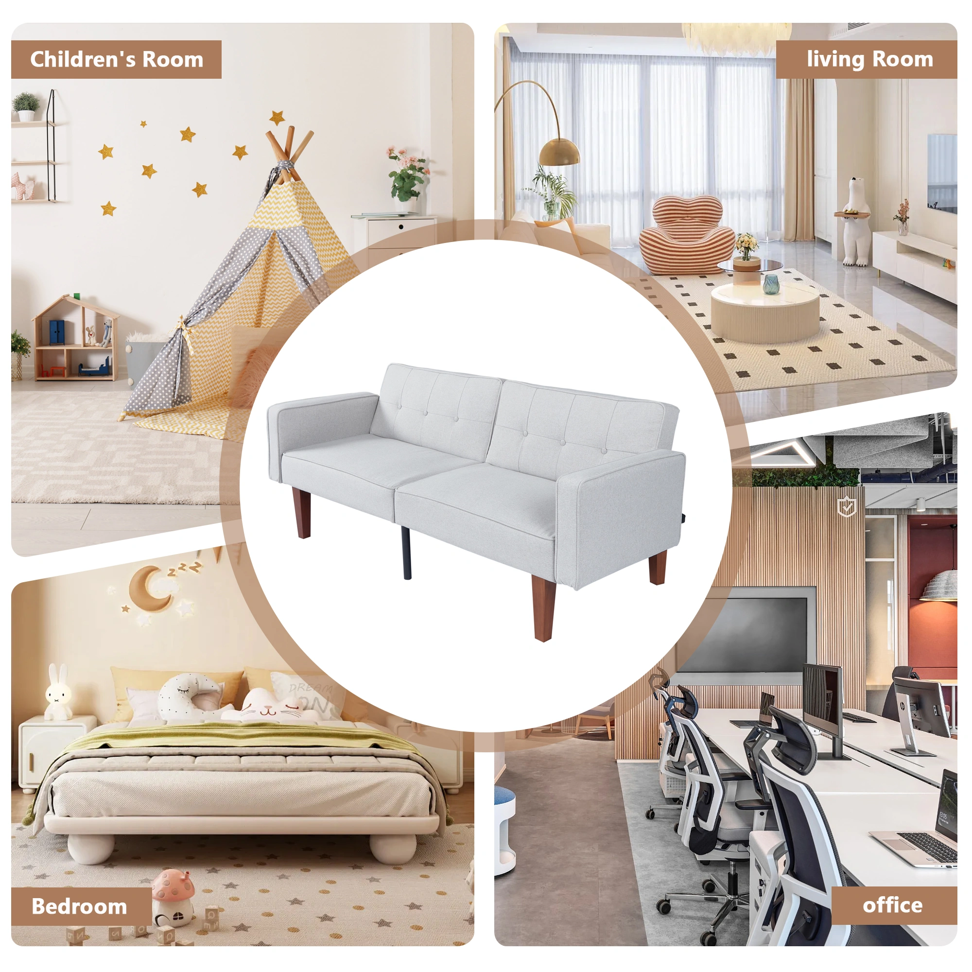Modern Cotton Fabric Futon Sofa Bed, Tufted Backrest Reclining Couch, Adjustable Sofa with Wood Metal Legs, Compact Living Room Seat view 9