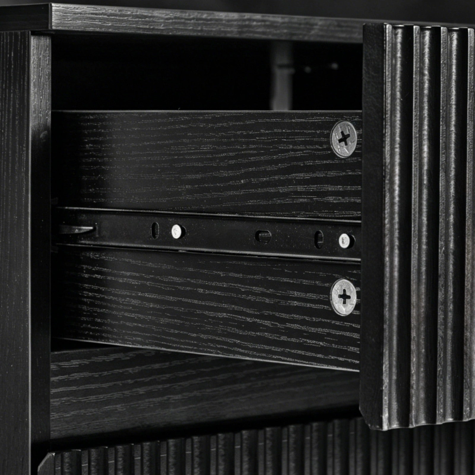Handleless Grille-Finished 3-Drawer Bedside Table P2 Particleboard + MDF & Melamine Veneer + Thermoformed Drawer Cabinet 23.62*12.99*22.05in Black view 8
