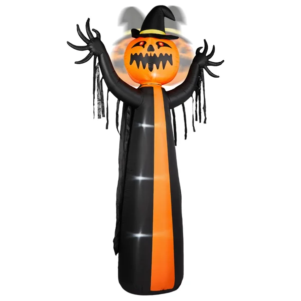 10ft Inflatable Halloween Decor with Rotatable Head Pumpkin Ghost in Cape, 6 Built-in LED Lights, Black & Orange, 12V 2000mA US Power Adapter view 2