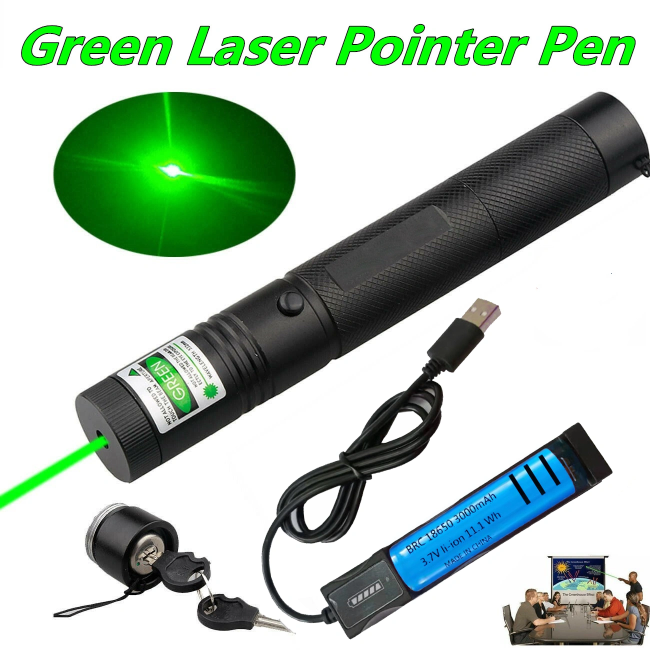 532nm Green Laser Pointer Pen 5mW Visible Beam Rechargeable with Battery & USB Charger Kit