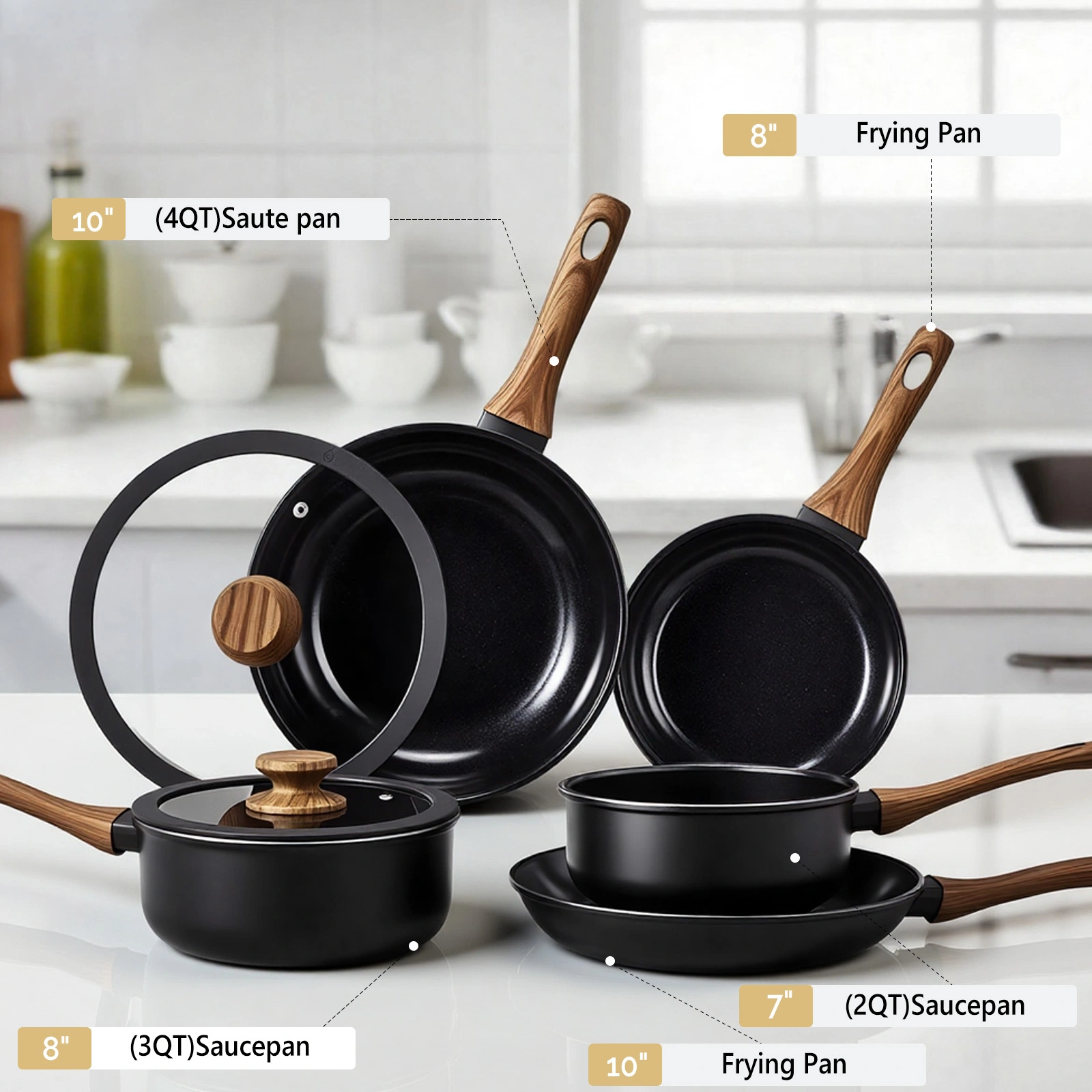 17-Piece Aluminum Cookware Set - Black Non-Stick Pots & Pans, Induction/Gas/Electric