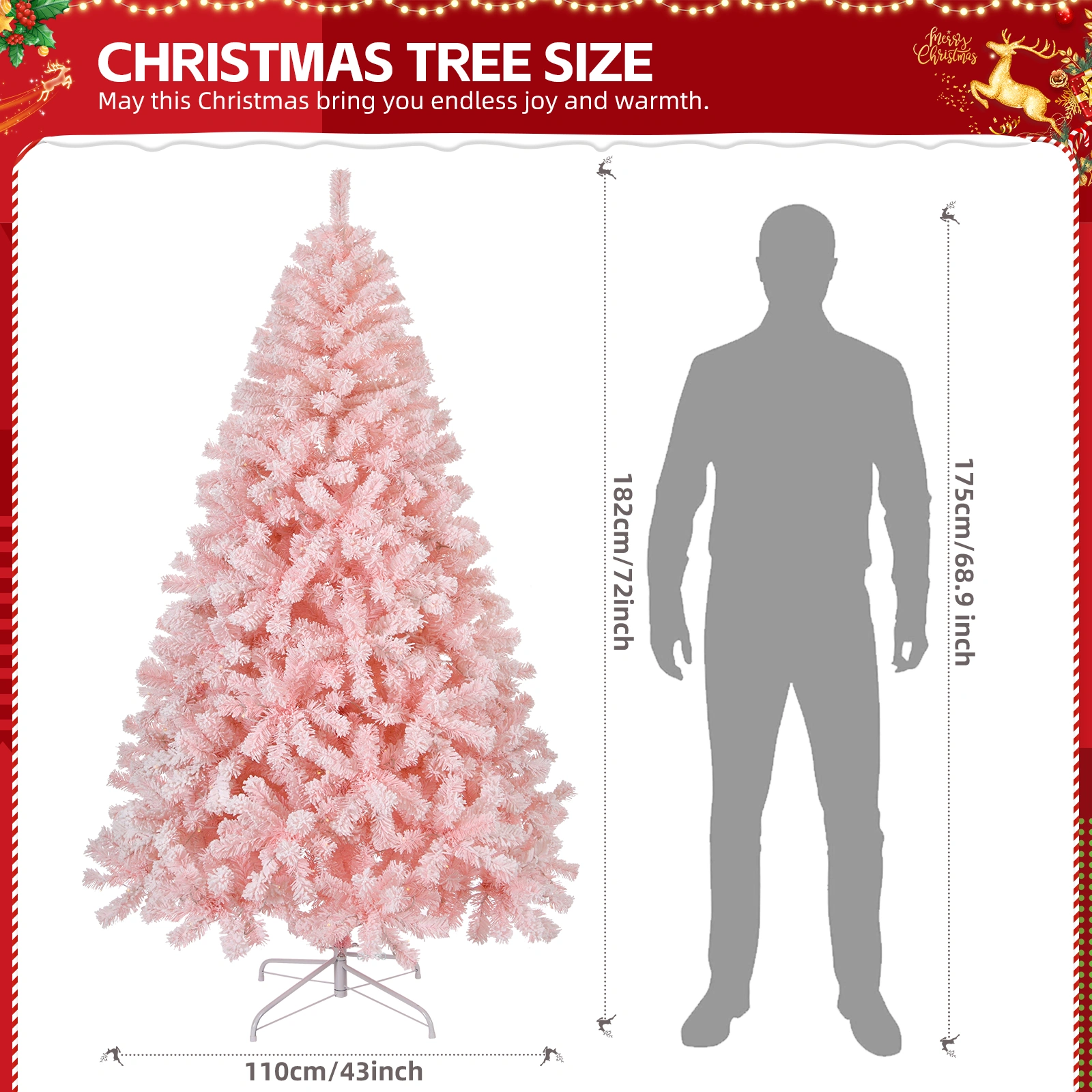 6 FT Artificial Christmas Tree with DIY 100 Warm Lights Battery Operated, 750 Branch Tips and Sturdy Metal Stand, Pink view 2