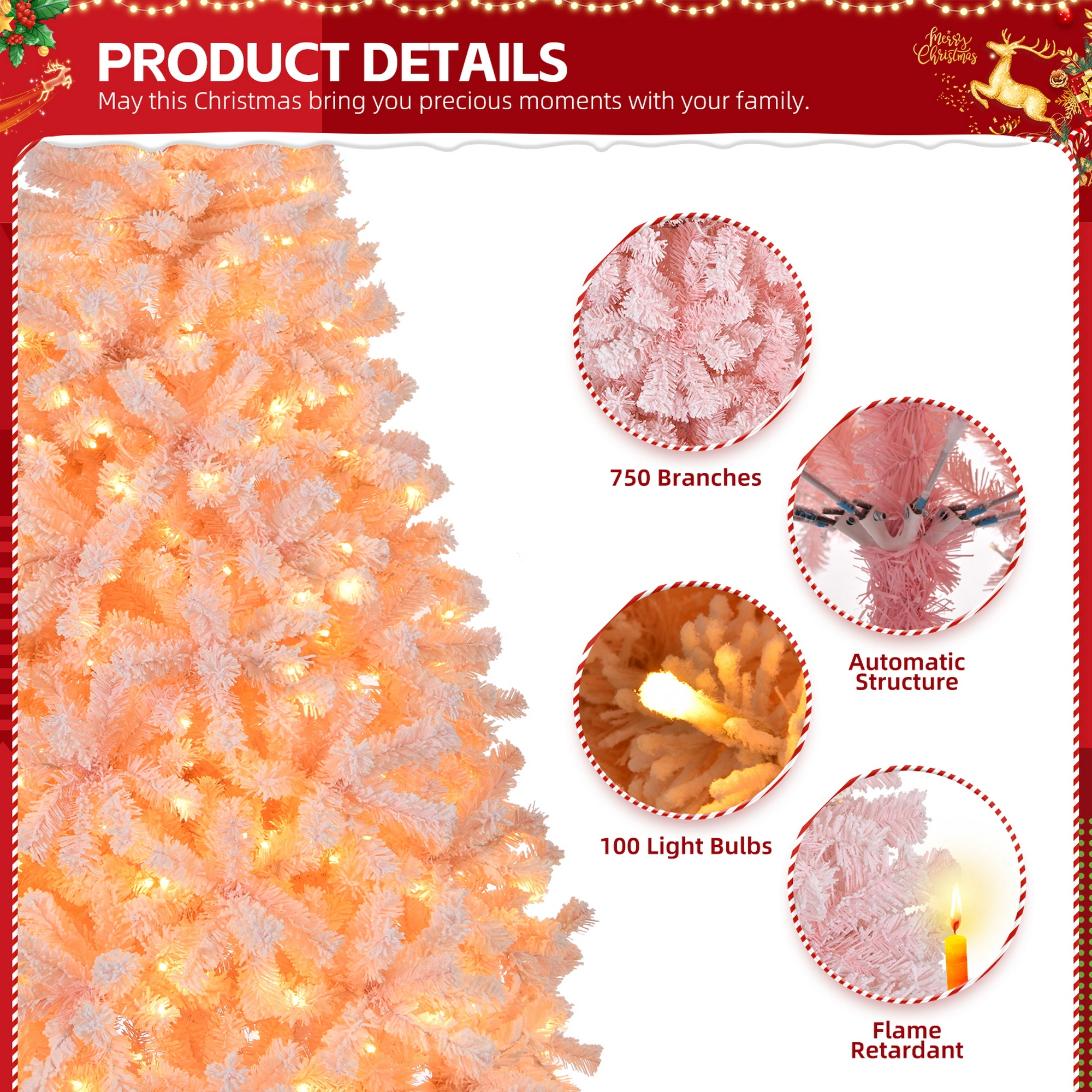 6 FT Artificial Christmas Tree with DIY 100 Warm Lights Battery Operated, 750 Branch Tips and Sturdy Metal Stand, Pink view 3