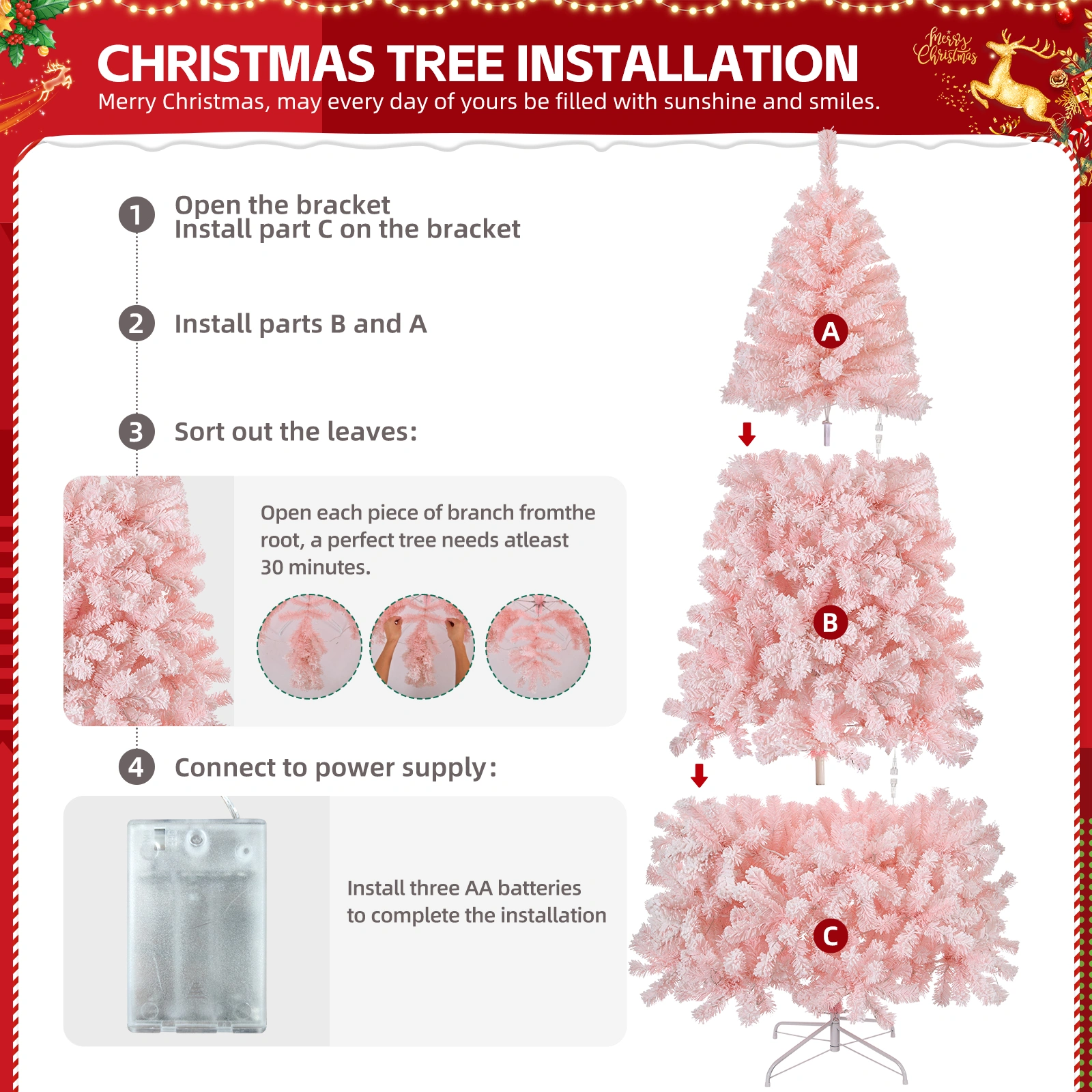6 FT Artificial Christmas Tree with DIY 100 Warm Lights Battery Operated, 750 Branch Tips and Sturdy Metal Stand, Pink view 4