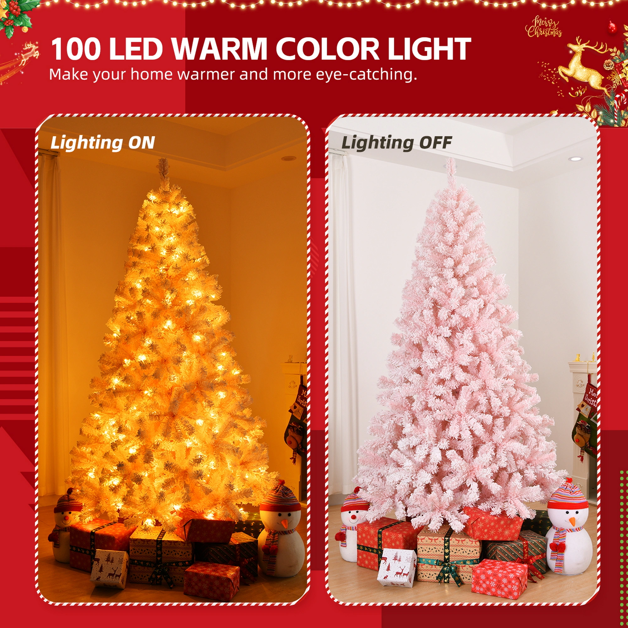 6 FT Artificial Christmas Tree with DIY 100 Warm Lights Battery Operated, 750 Branch Tips and Sturdy Metal Stand, Pink view 6