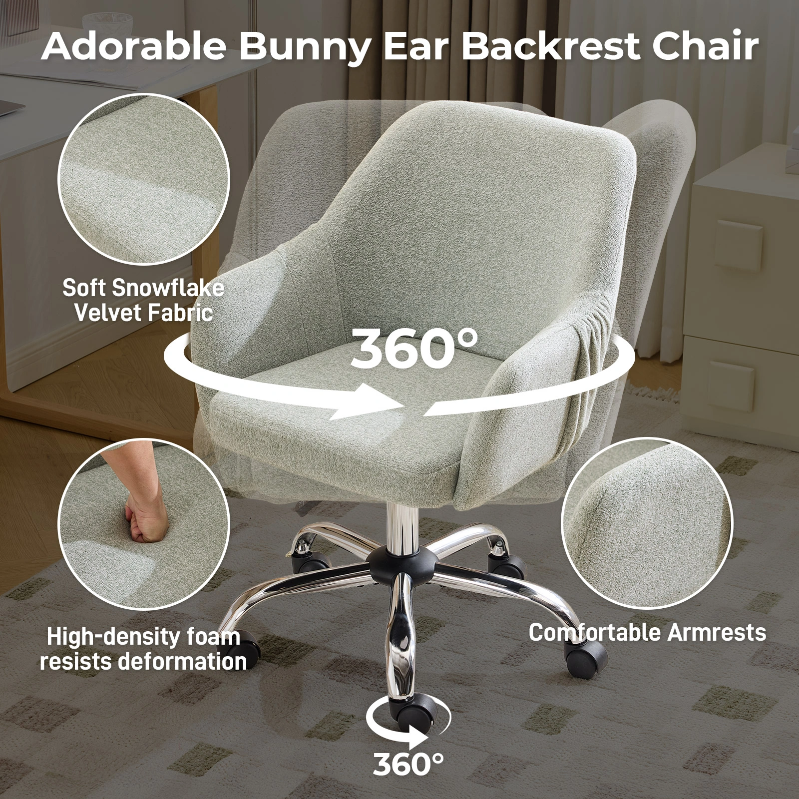 Height Adjustable Home Office Desk Chair 24.4"W x 17.3"D x 31"-35"H, 360° Swivel Rolling Task Chair with Armrests, Snowflake Velvet Upholstered Vanity Chair in Light Teal view 2